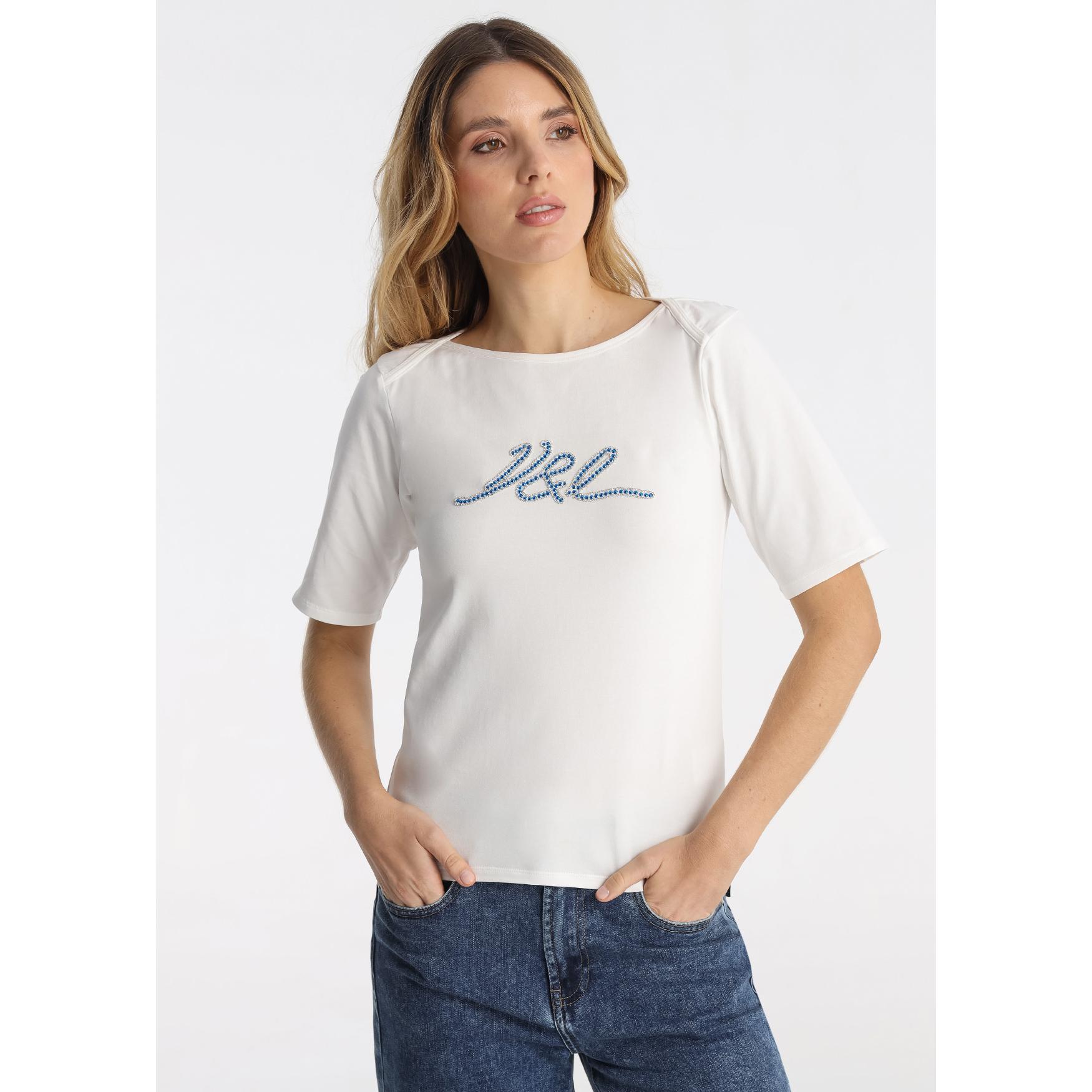 Victorio & Lucchino - Camiseta Cuello Barco con Aplicación de Perlas y Logo