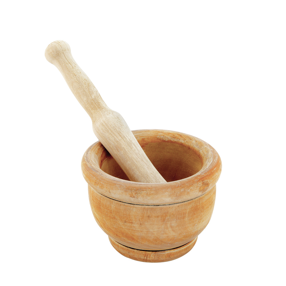 ORYX Mortero de Cocina de Madera Natural (Ø 14x9 cm) con Mazo | Almirez Tradicional de Madera de Plátano para Majar Ajos, Especias, Hierbas y Salsas | 100% Ecológico y Biodegradable