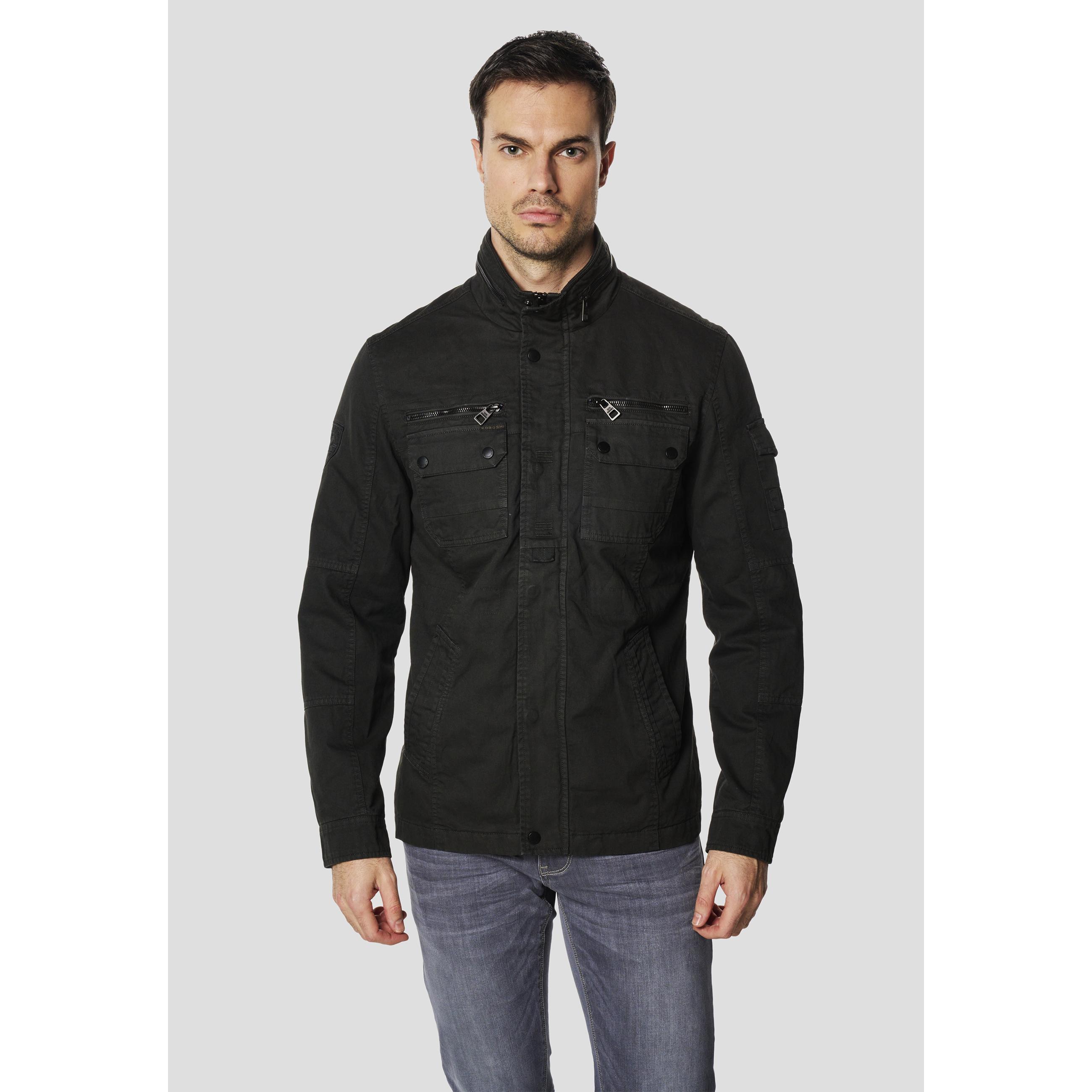 Koroshi - Chaqueta hombre estilo field multibolsillos 100% algodón con cuello militar y cierre cremallera para entretiempo