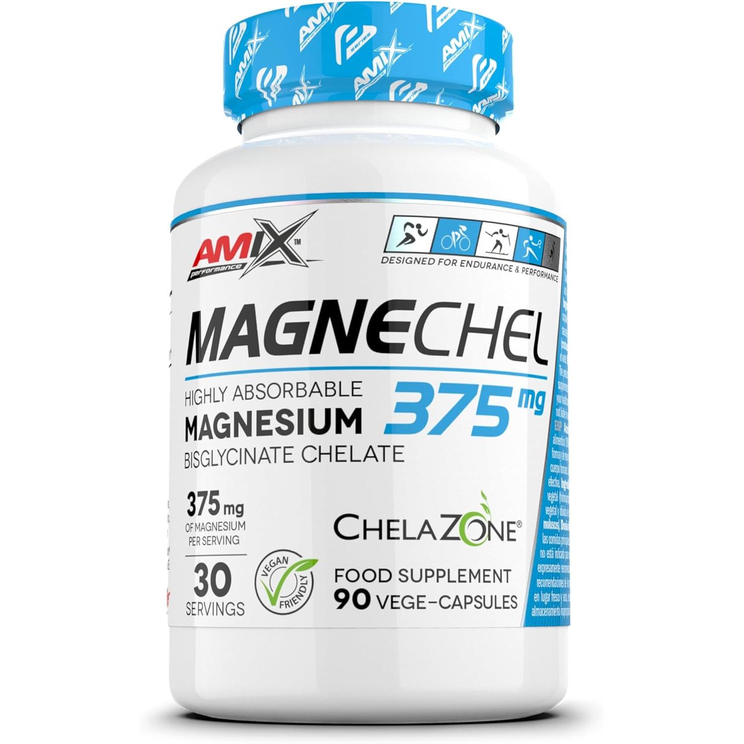 Amix Nutrition MagneChel® - Magnesio Bisglicinato Quelado de Alta Absorción  Complemento Alimenticio en Cápsulas Vegetales  Apoyo para la Función Muscular, el Sistema Nervioso, la Salud Ósea y el Bienestar General Diario  90 Cápsulas Veganas