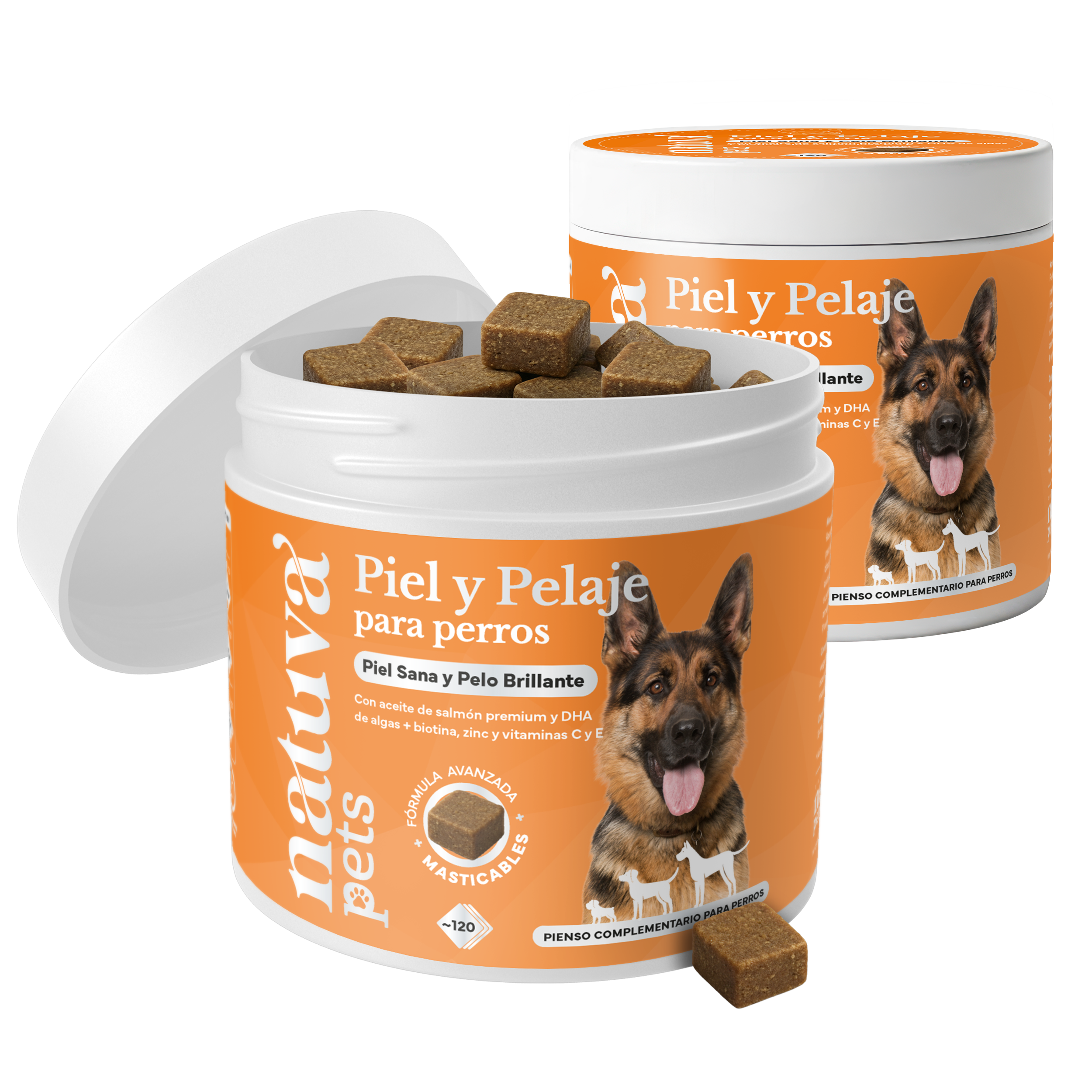 Pack 2x Aceite de Salmón para Perros - 240 Soft Chews para Piel y Pelaje - 2 x 120 Masticables con Aceite de Salmón, Aceite de Algas, Vitaminas y Biotina - Para Todos los Perros y Razas - 720 g