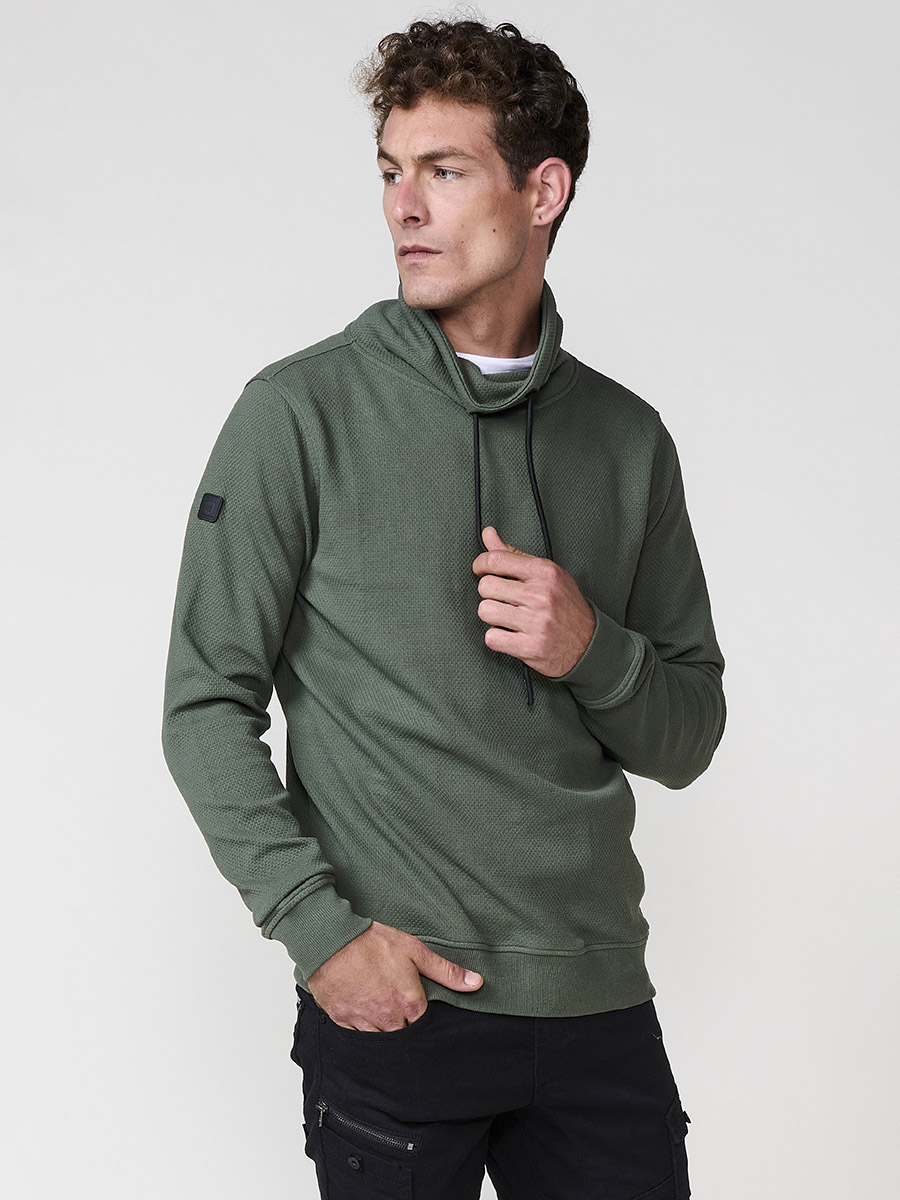 Koroshi - Sudadera hombre cuello alto tipo chimenea con cordón ajustable, 60% algodón y 40% poliéster, tejido transpirable y resistente para look urbano casual