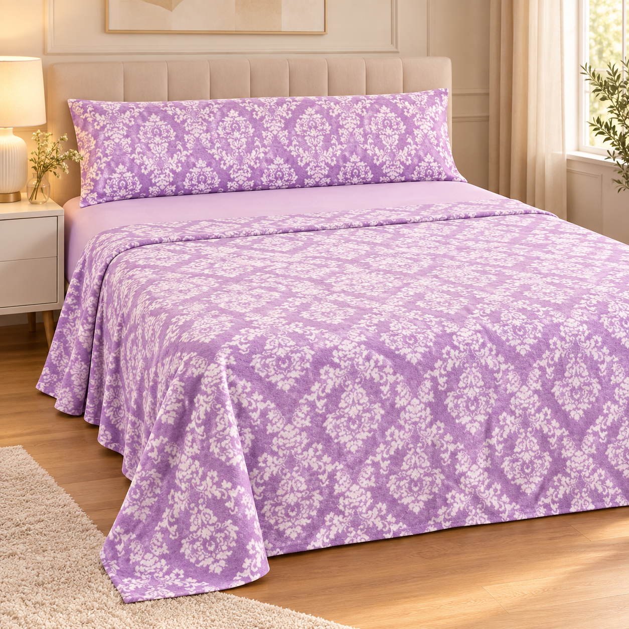 Juego de Sábanas Coralina de 3 Piezas, Suaves y Cálidas para Invierno, Sábana Encimera Estampada, Bajera Ajustable Lisa y Funda de Almohada Larga, 100% Poliéster.