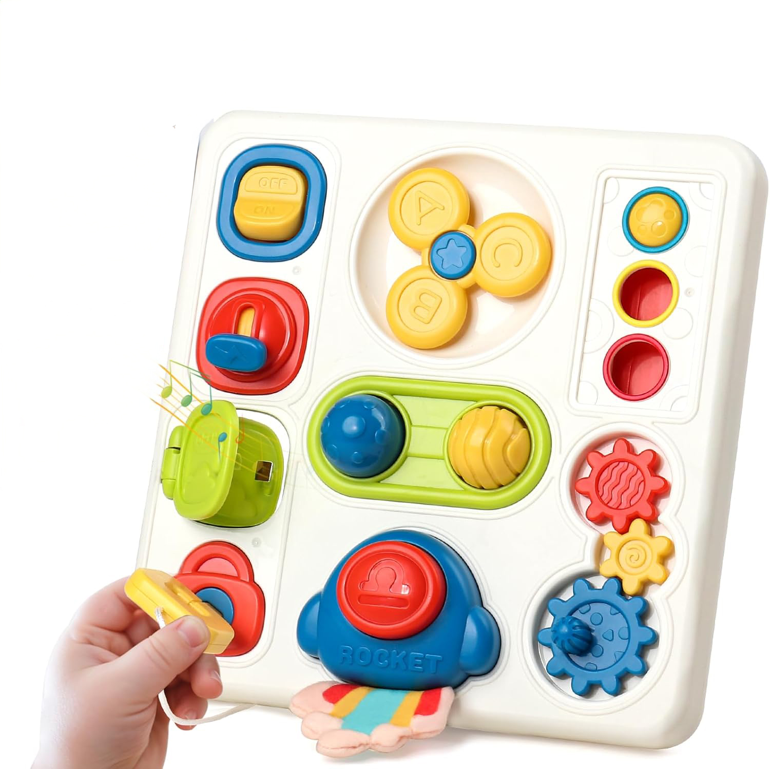 Tablero Montessori 8 en 1 con Sonido y Luces – Centro de Actividades Sensoriales en Forma de Cohete con Interruptores, Engranajes, Llaves, Letras y Juego de Pelotas – Panel Educativo Portátil para Bebés y Niños de 1 a 3 Años – Regalo Ideal de Aprendizaje