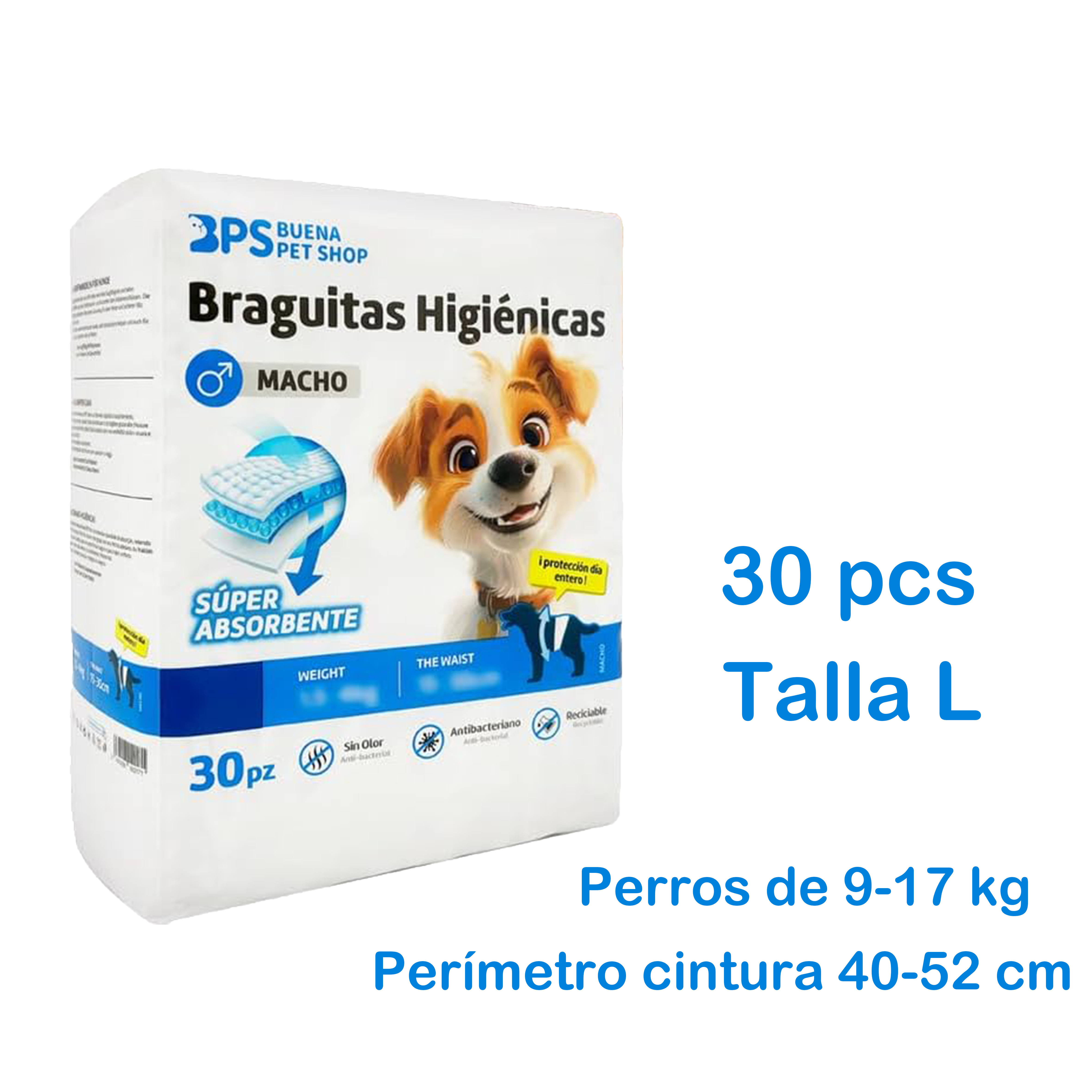 Pack de 30 Pañales Desechables para Perros Machos y Mascotas, Braguita Higiénica Fisiológicas, Bragas/pañales Sanitarios super absorbentes. 3 Tamaños a Elegir