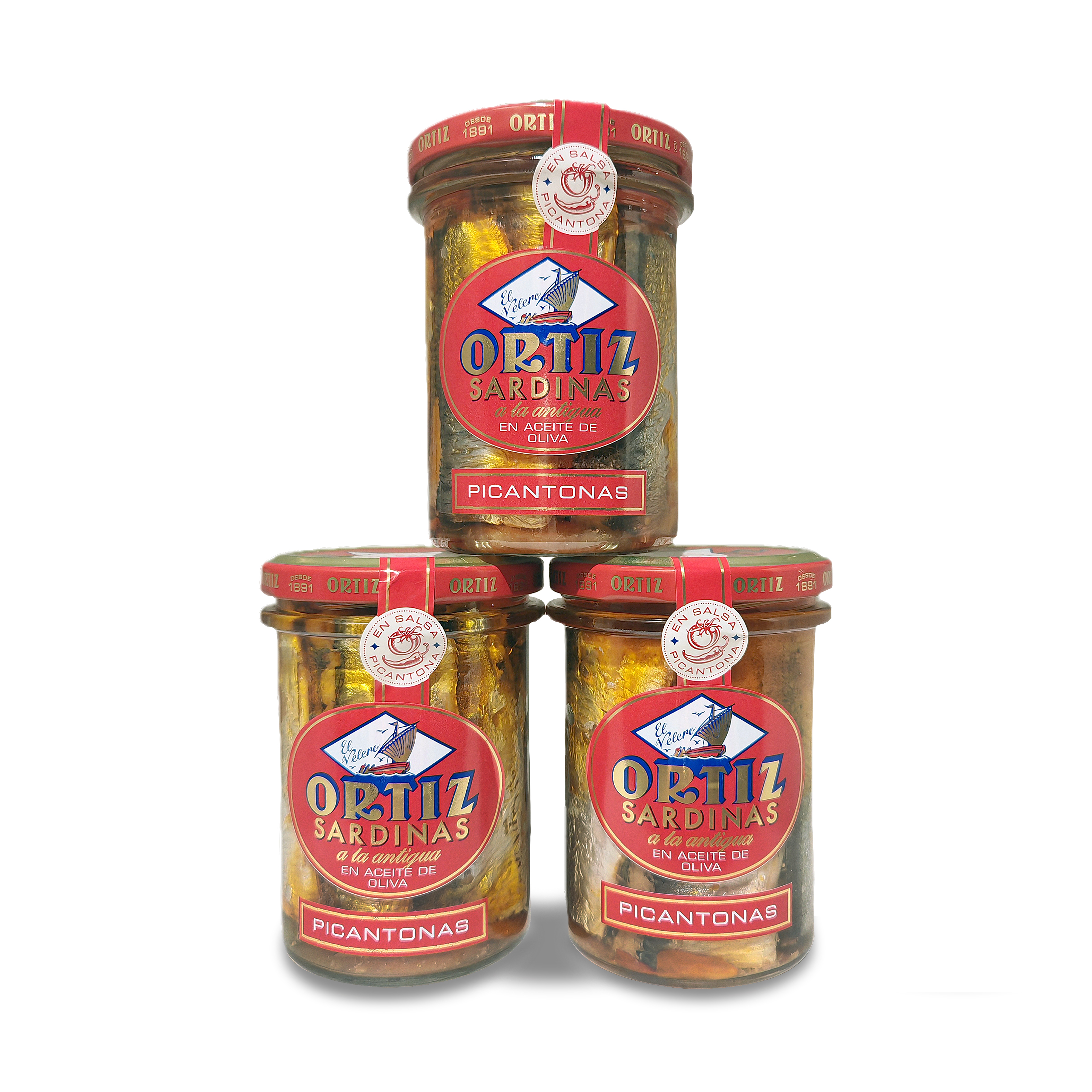 Sardinas a la antigua picantonas en aceite de oliva de Conservas Ortiz (Pack de 3 unidades de 190gr)