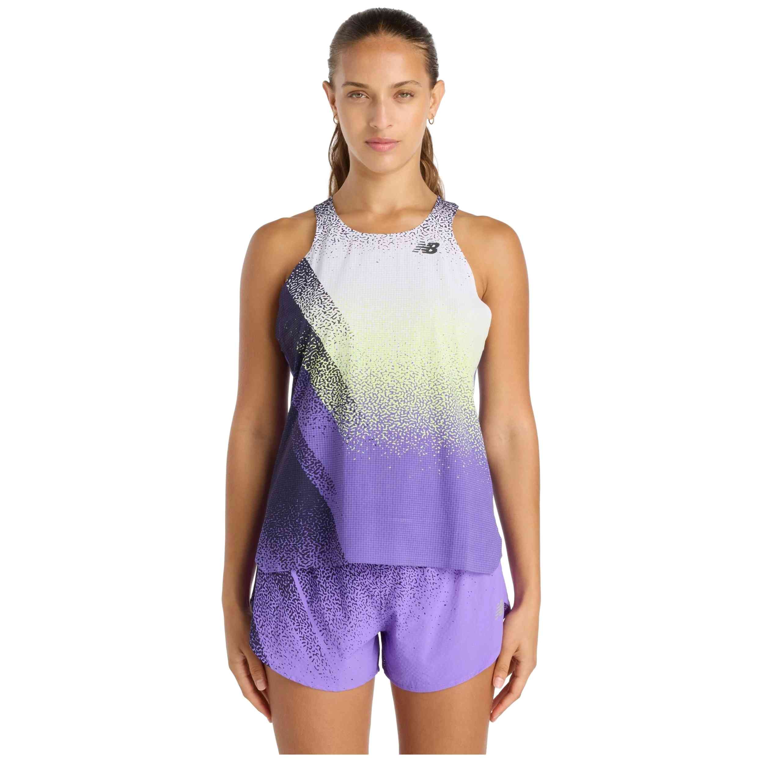 Camiseta De Manga Corta New Balance modelo Camiseta New Balance Race Day Ultra Light Printed Single tirantes lila blanco verde mujer para Mujer en color Multicolor