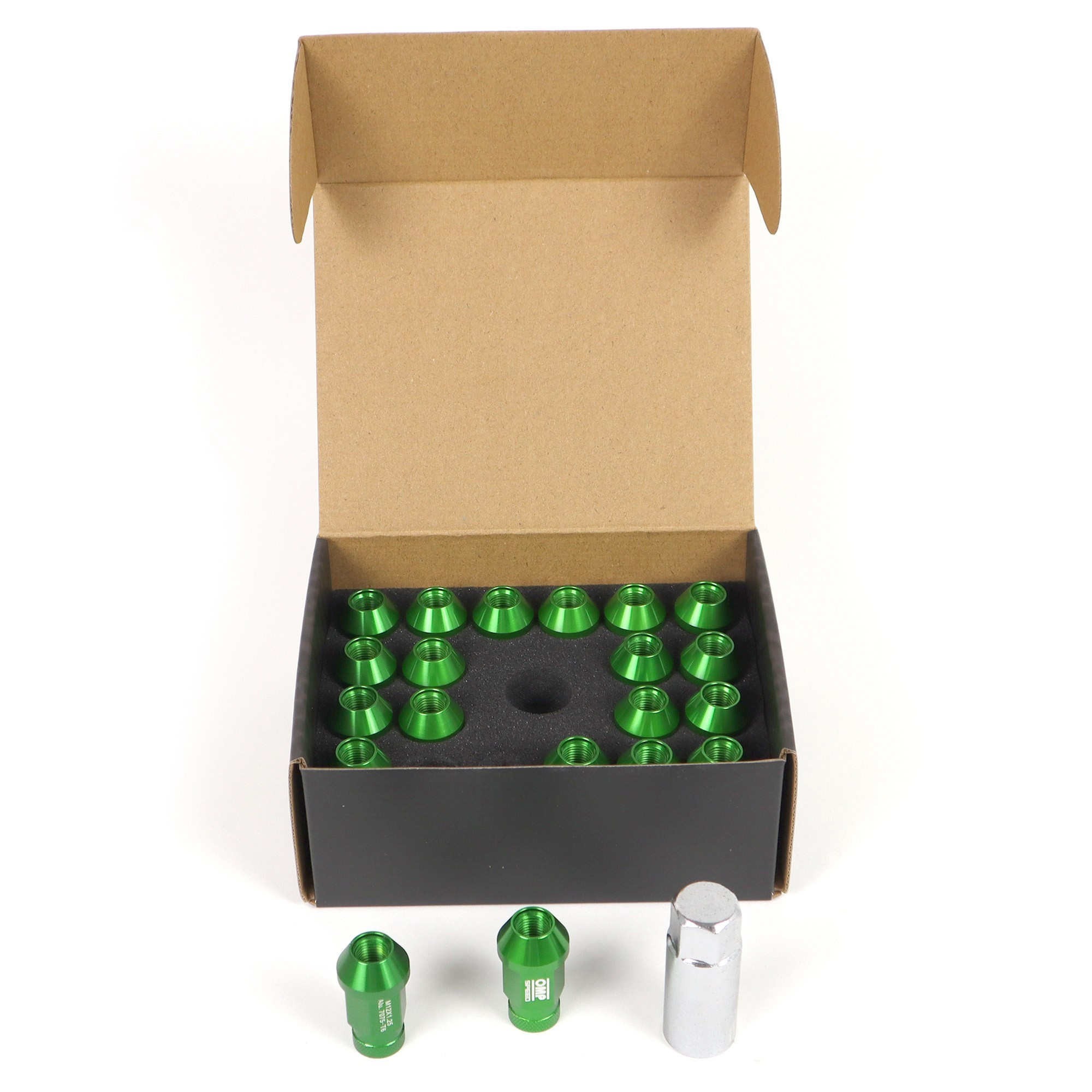 OMP SPEED JUEGO DE 20 TUERCAS DE ALUMINIO M14X1.25 LLAVE DE 19 LARGO 40MM COLOR VERDE DE ALUMINIO 7075