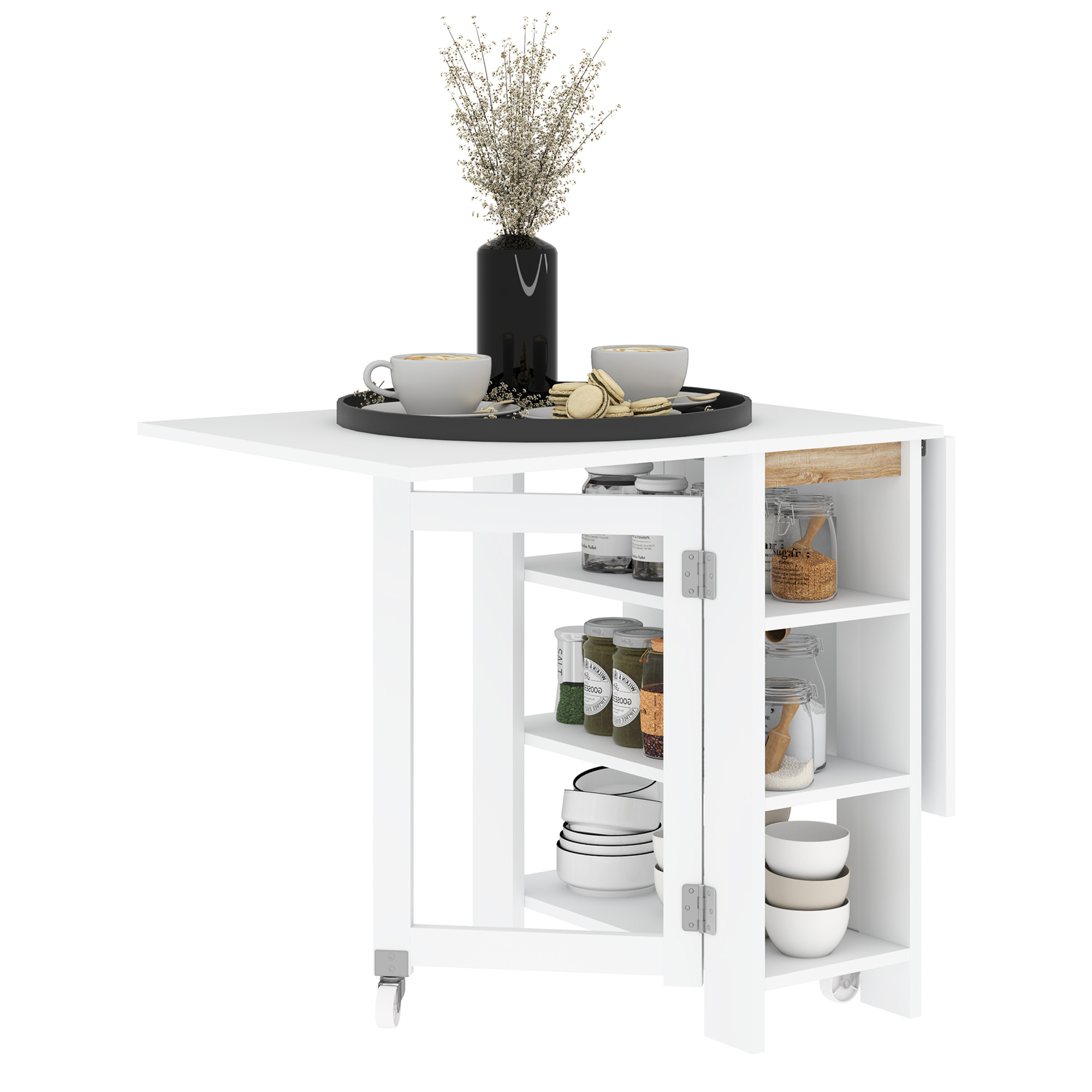 HOMCOM Mesa Plegable de Comedor, Mesa de Cocina Plegable, con Ruedas, Alas Abatibles, Estantes, Hasta 4 Personas, para Salón, Espacio Pequeño, 120x60x75 cm, Blanco