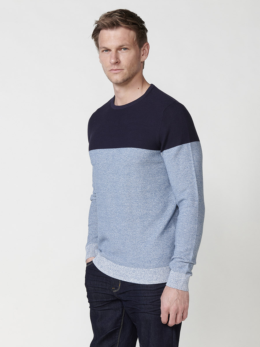 Koroshi - Jersey de punto bicolor para hombre con cuello redondo y tejido texturizado en relieve, 100% algodón, diseño moderno y versátil