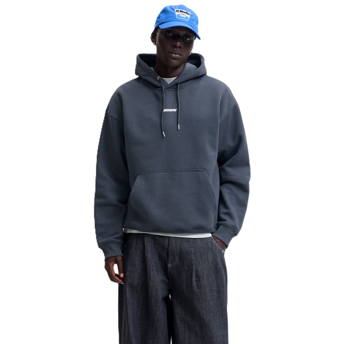 Jack & Jones - Sudadera con capucha Club Back Script 12300458 azul marino con estampado trasero para hombre