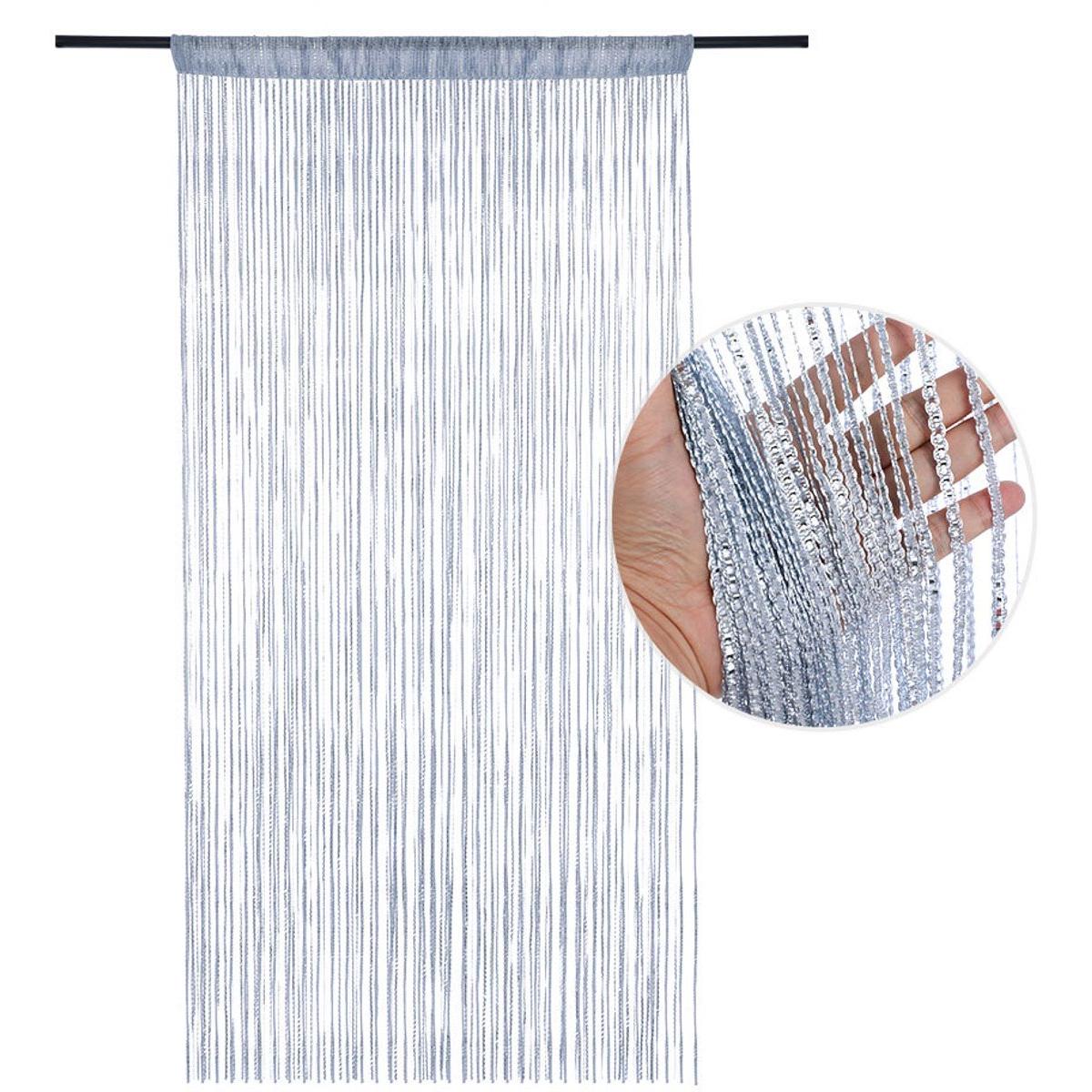 Om Home Cortina mosquitera - 200 x 91 cm - Cortina para puerta - Mosquitera brillante - Con borlas - Cortina mosquitera para puerta - Cortina para armario - Decoración del hogar - Apta para puertas, tabiques y puertas de armario - Plateada
