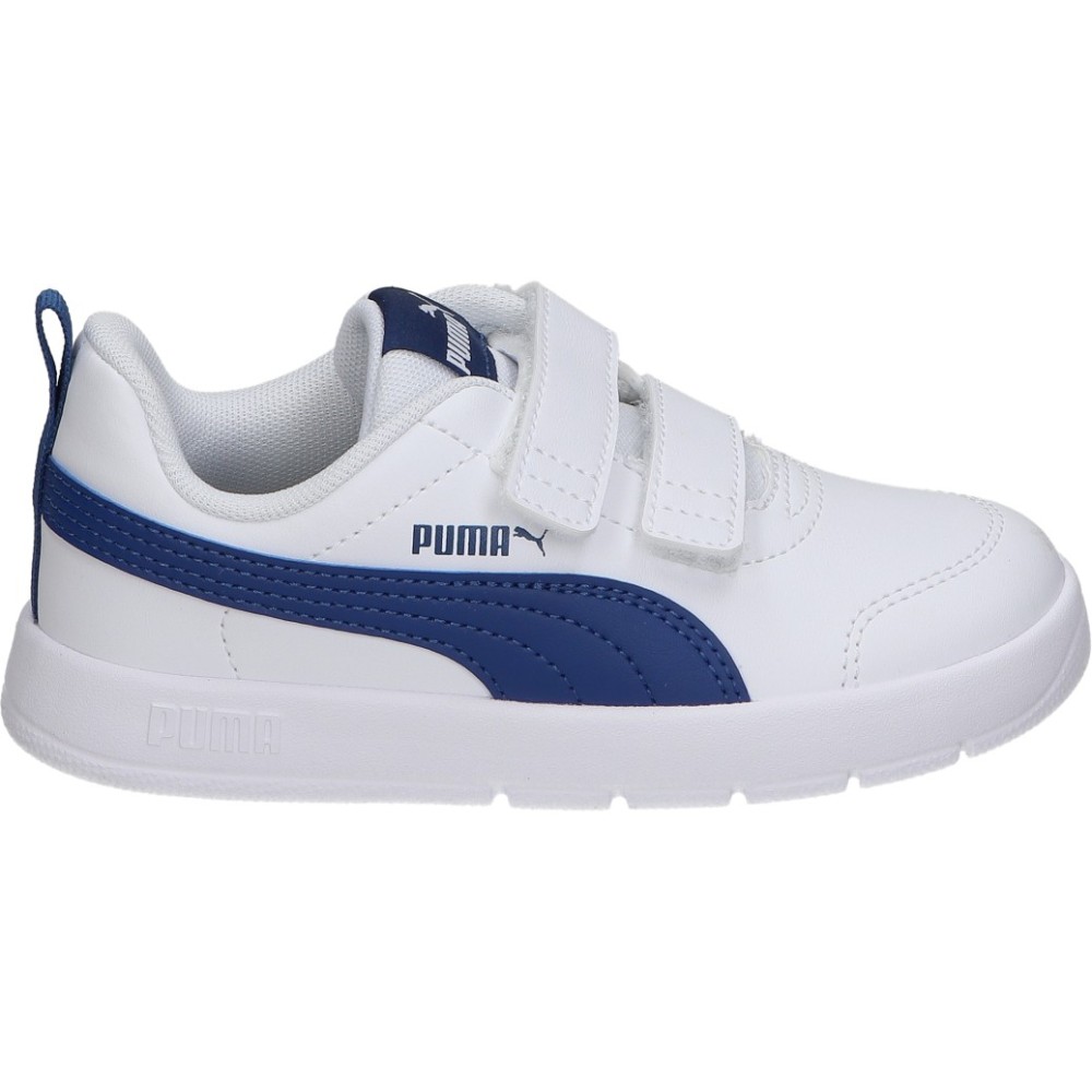 PUMA | Zapatillas Puma Courtflex V3 Infantiles – Deportiva Blanca con Detalles en Azul Marino – Sneakers con Cierre de Doble Adhesivo – Cómodas y Ligeras – Versátiles – Modelo 310252-08