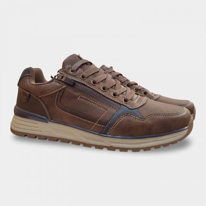 Zapatillas con cremallera para hombre de estilo casual marrón con detalles azules de polipiel con cremallera lateral y cordones