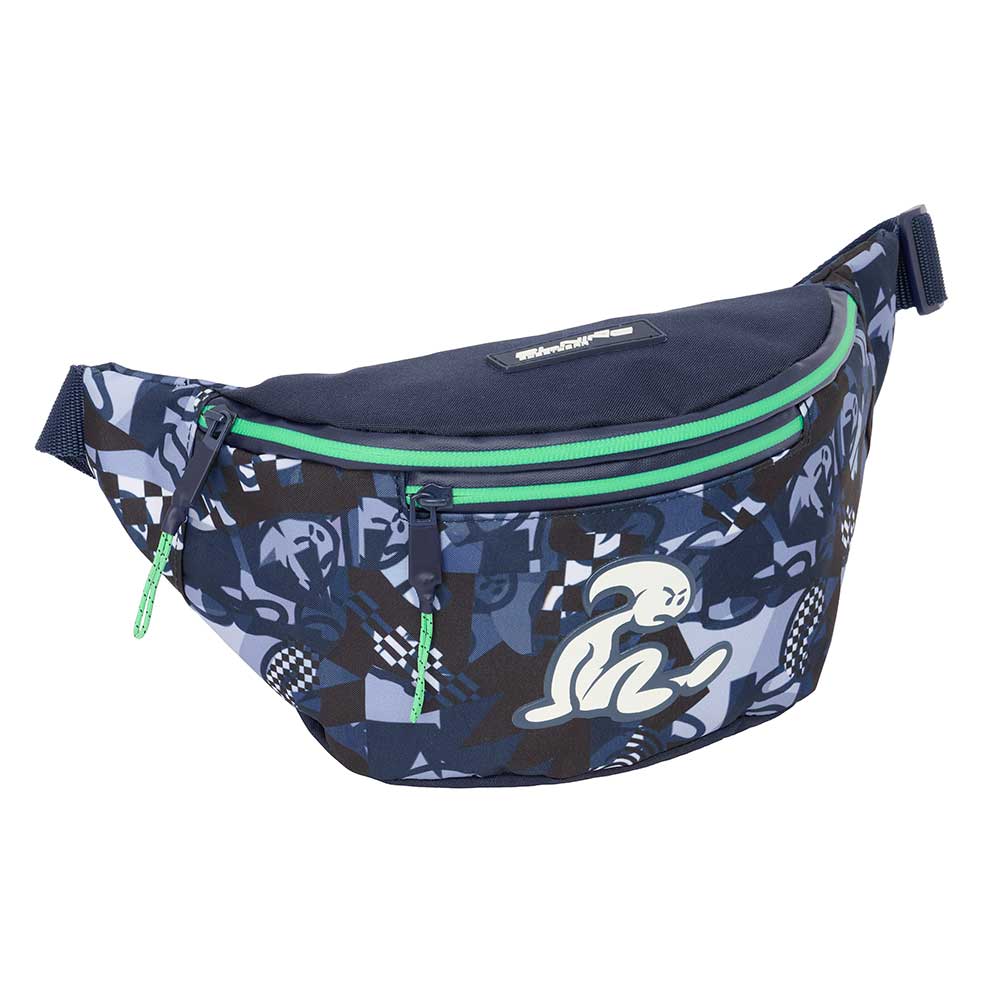 SAFTA | Riñonera El Niño Navy 23 x 12 x 9 Cm (2,5 Litros), Cinturón Ajustable con Cierre PVC, Compartimento Principal Grande con Cremallera y Bolsillo Frontal, Diseño Azul Marino Camuflaje con Detalles Verde