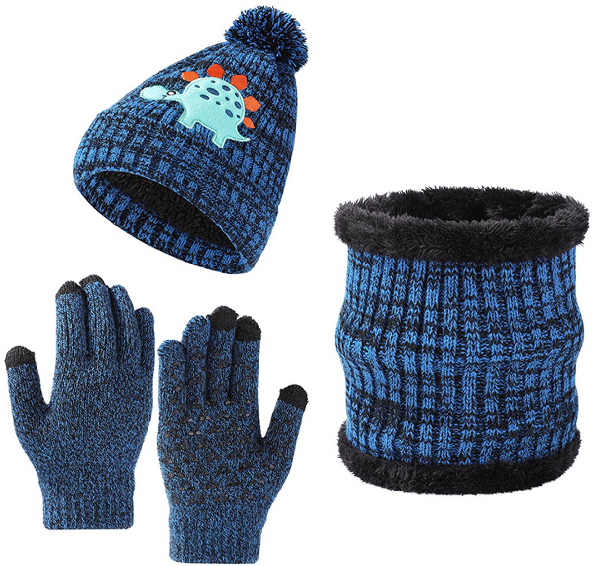 Om Home Conjunto de gorro, bufanda y guantes de invierno para niños - Gorro de punto grueso y suave 3 en 1 - Conjunto de invierno de punto - Estampado de dinosaurios de dibujos animados - Guantes elásticos gruesos - Bufanda con forro polar - Adecuado para