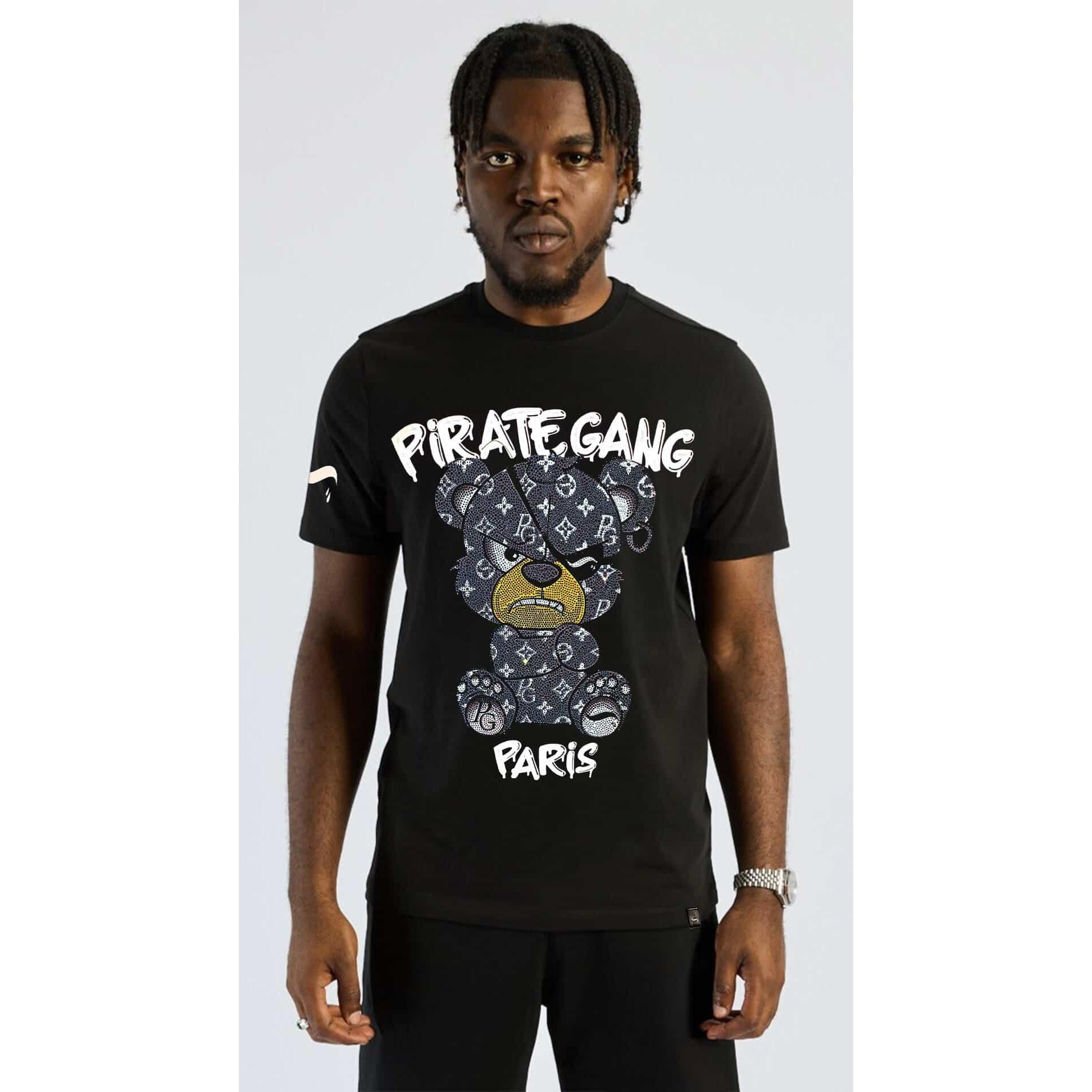 Camiseta Slim Fit Pirate Gang París Negra Pedrería Brillante Oso Negro