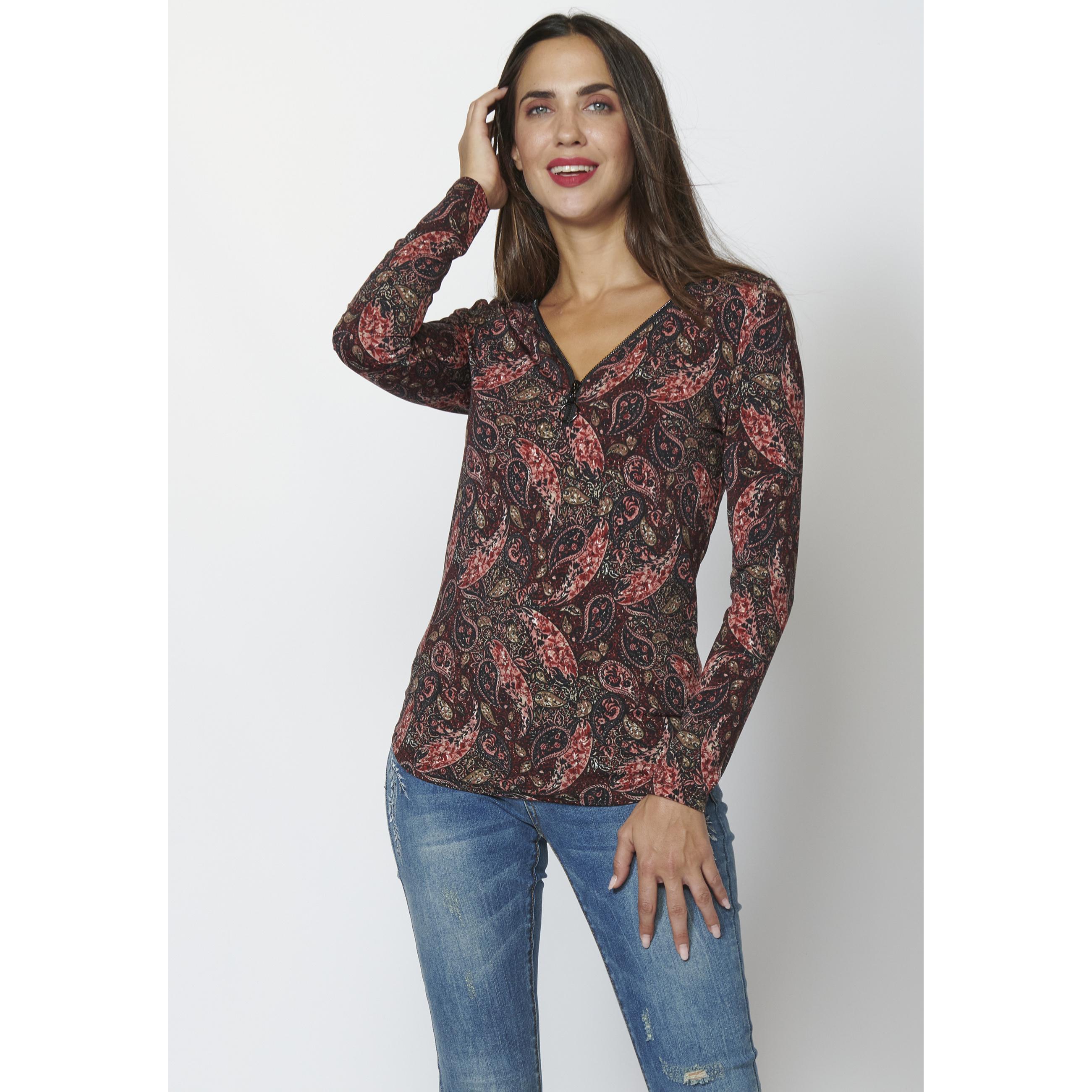 Koroshi - Camiseta manga larga étnica floral multicolor para mujer con escote de pico y cremallera decorativa, 95 % poliéster 5 % elastano