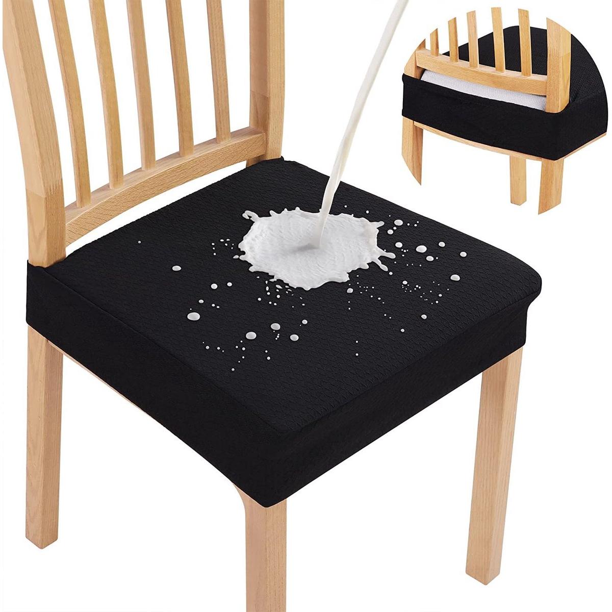 Moderne 4-delige jacquard stoelhoezenset voor de eetkamer, elastische stoelhoezen, afneembare stoelhoezen, vermindert vlekken, krassen en spatten, Zwart, 4-delige set.