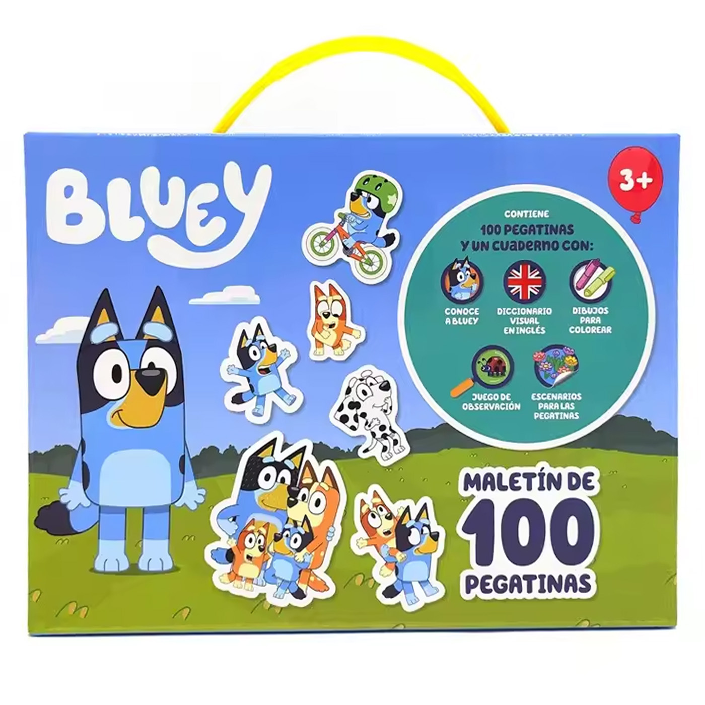 Bluey Pegatinas, Maletín 100 Pegatinas con Libro 23x17x2.5cm, Juegos, Dibujos para colorear Bluey y Bingo, Papelería Infantil para Niños y Niñas, +3 Años, Regalo Cumpleaños, Navidad, Reyes