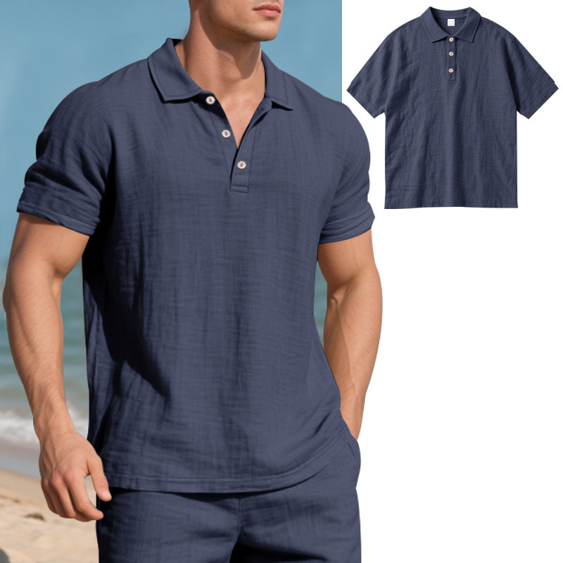 CA Camisa POLO de manga corta con solapa y botones, informal, de lino, transpirable, estilo británico, de verano para hombre