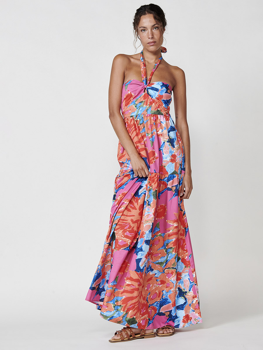 Koroshi - Vestido largo halter estampado floral multicolor para mujer, de poliéster 100 % fluido y ligero, ideal para eventos veraniegos y vacaciones