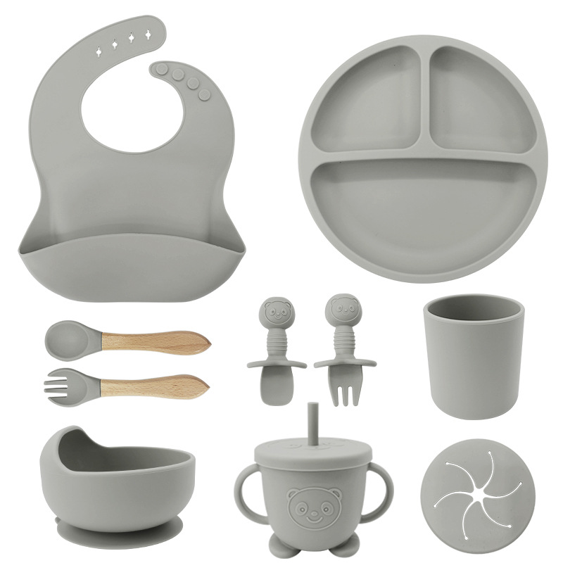 TK Vajilla de Bebé Silicona, 10 piezas Juegos de vajilla infantil, Cubiertos con plato ventosa, Plato Bebe Ventosa,Tenedor con mango de madera, bebe de silicona, Babero Set vajilla silicona bebe