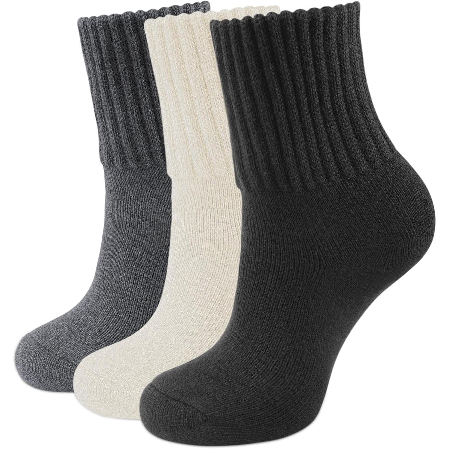 TK 3 Pares Calcetines Tobilleros Térmicos Mujer Calcetines Calientes de Invierno Sin Costuras Calcetines Frio Extremo Antiampollas Calcetines de Algodón Grueso Blanco Negro Gris Marrón Beige
