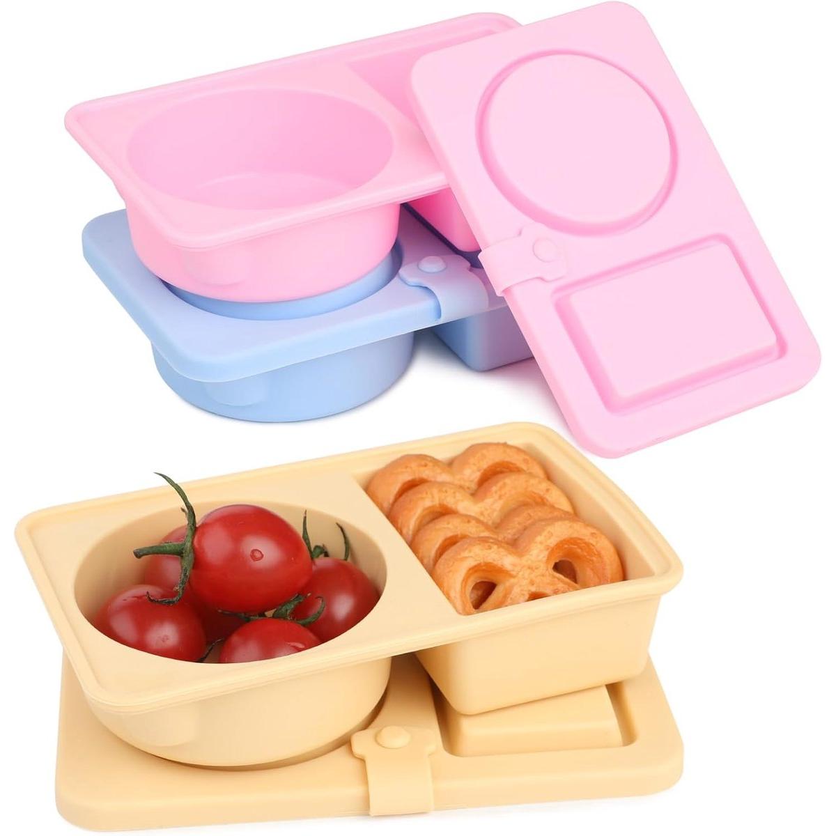 Recipientes de silicona a prueba de fugas para aperitivos - paquete de 3 - tarros para especias con 2 compartimentos - reutilizables, mini recipientes para alimentos con tapa, aderezos para ensaladas, ideales para la escuela, picnics y viajes de camping.