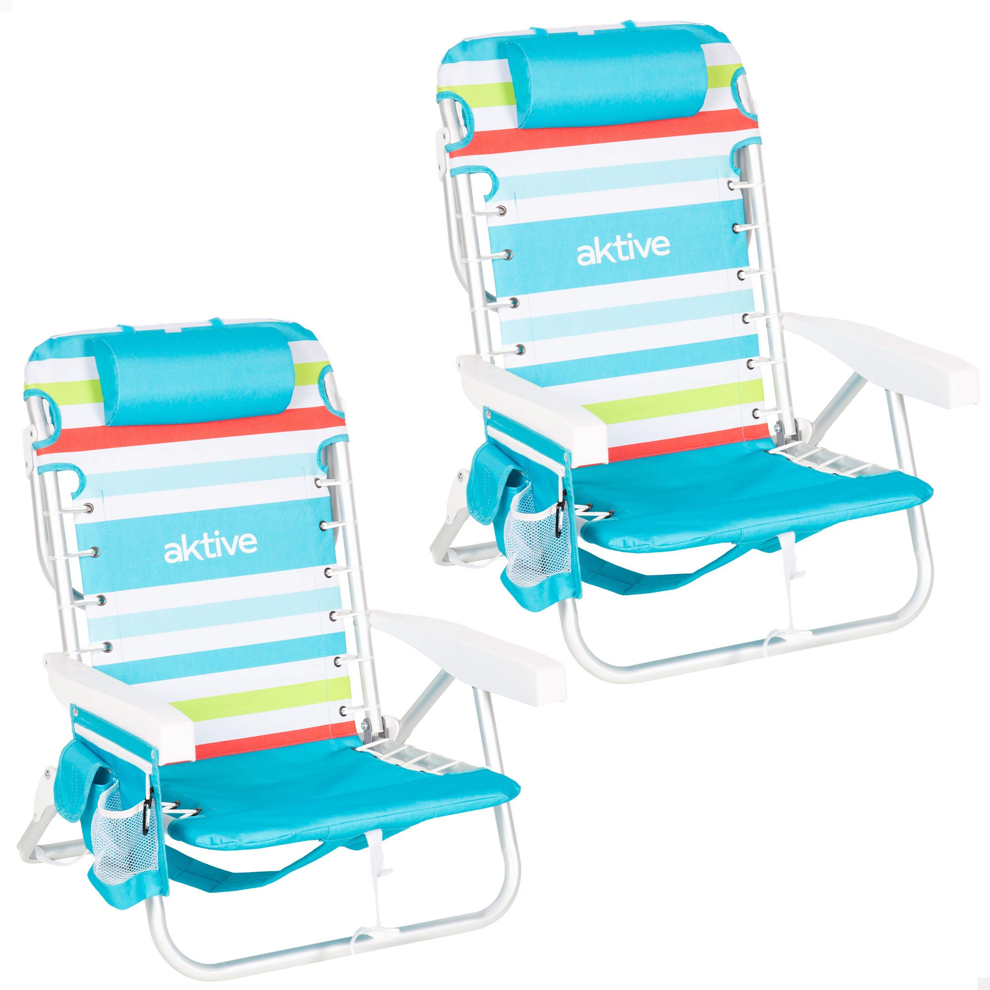 Aktive - Silla de playa plegable, rayas multicolor, 5 posiciones, 50x53x77 cm, aluminio y poliéster, soporta 110 kg, incluye cojín acolchado, bolsillo lateral y trasero, nevera, transporte mochila, silla reclinable playa, respaldo reclinable, packs playa