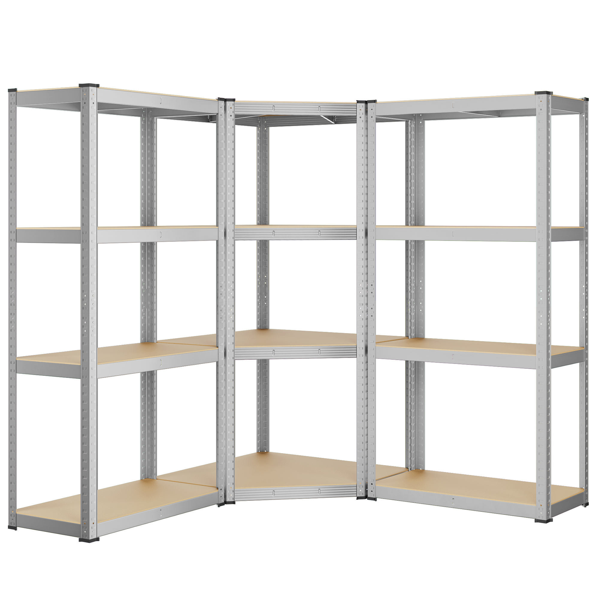 SONGMICS Juego de Estantería Esquinera de 4 Niveless, Estantería de Esquinera de Acero de Alta Resistencia, para Garaje, Almacén, Bodega, Carga de 1500 kg, Plata Pálido y Beige Natural/Negro Tinta y Beige Natural