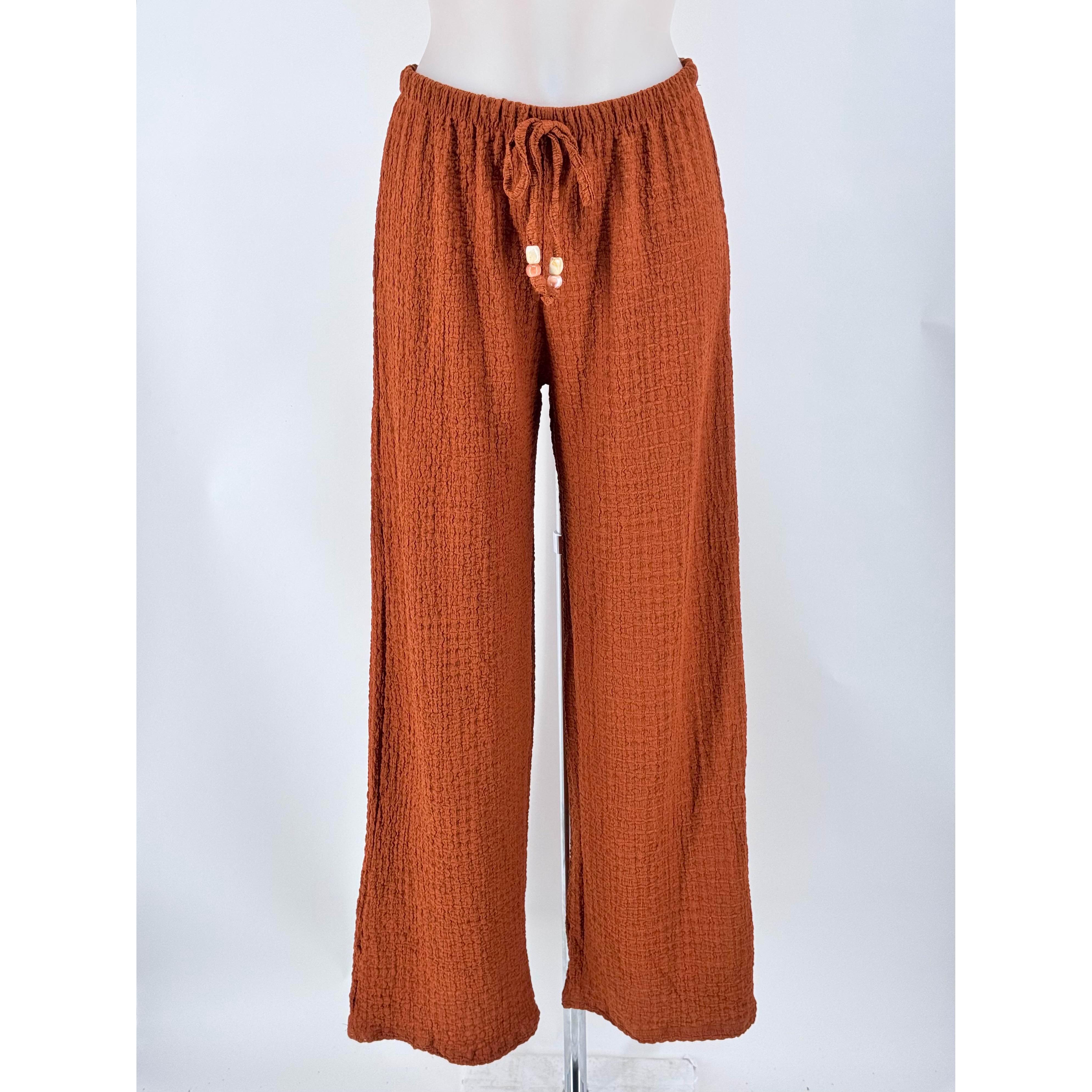 Pantalón Ancho de Mujer Fluido con Cintura Elástica y Cordón Ajustable - Tejido Rugoso de Poliéster Ligero y Cómodo. Diseño Palazzo Elegante y Versátil para Casual o Fiesta, Disponible en Varios Colores.
