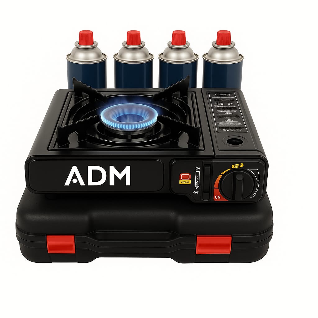 Hornillo de Gas Portátil Dual ADM 2 en 1 para Cartucho y Bombona Butano | Cocina Camping con Maletín de Transporte | Fogón Portátil para Camping, Caravanas, Excursiones y Emergencias