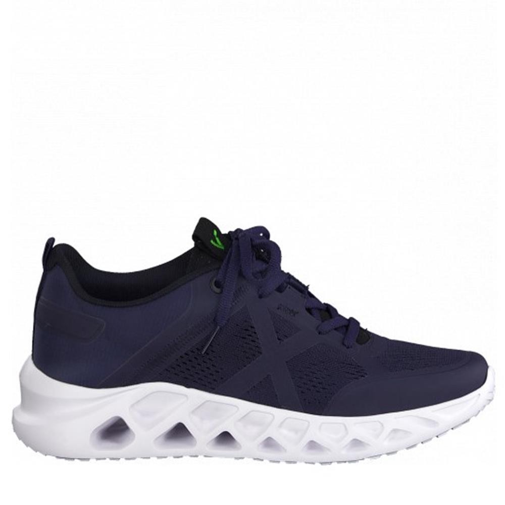 Cómoda  Deportiva mujer 23783 de Jana CON CERTIFICADO VEGANO en suave malla azul con refuerzos termosellados.Plantilla móvil. Cómoda cuña pet reciclada con perforaciones Altura Tacón bajo (1-3 cm) Referencia 23783-28-805