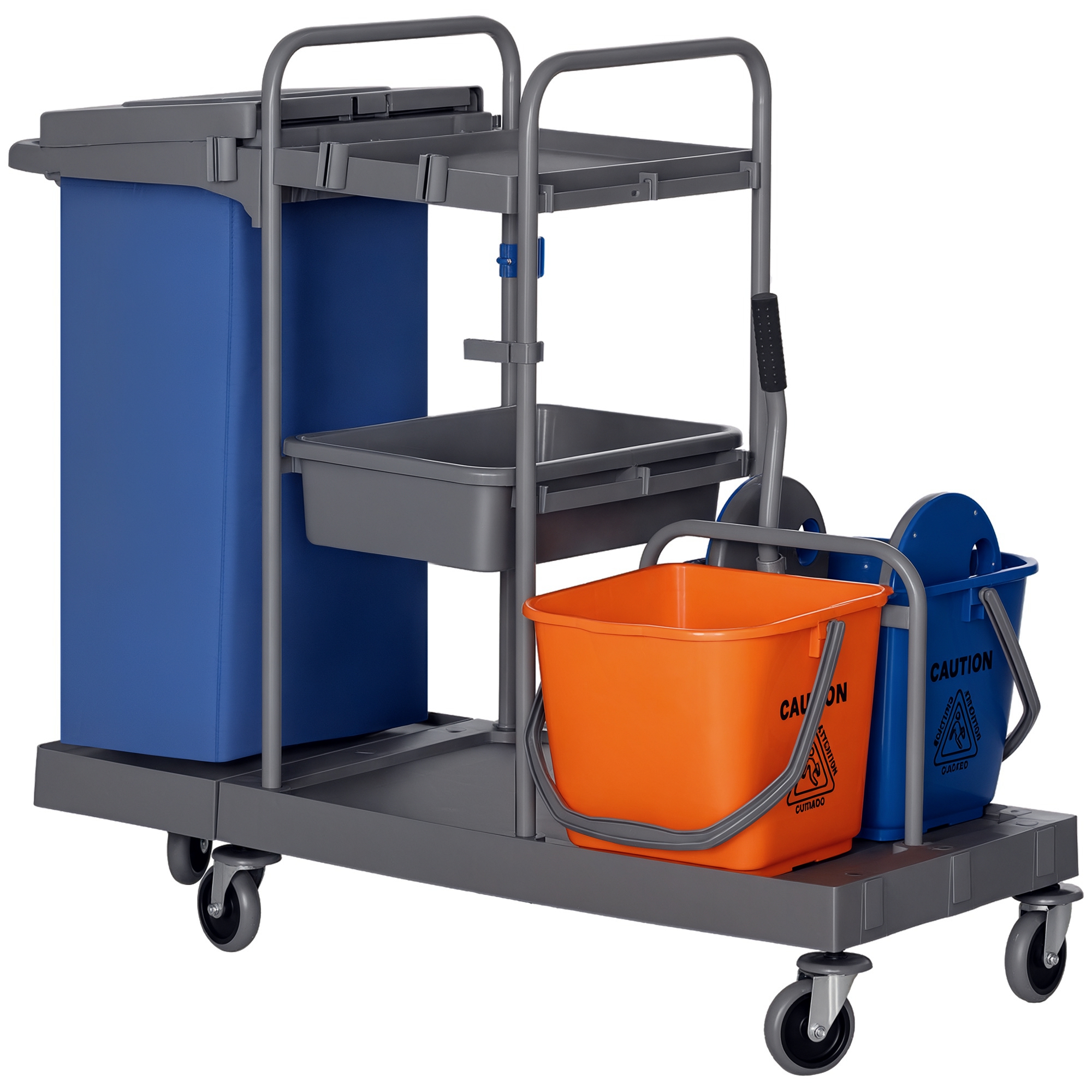 HOMCOM Carro de Limpieza con Bolsa de Basura Carro de Servicio con Cubos de Fregar de 18L Escurridor de Prensa y Estantes para Hotel 111x63,3x103 cm Multicolor