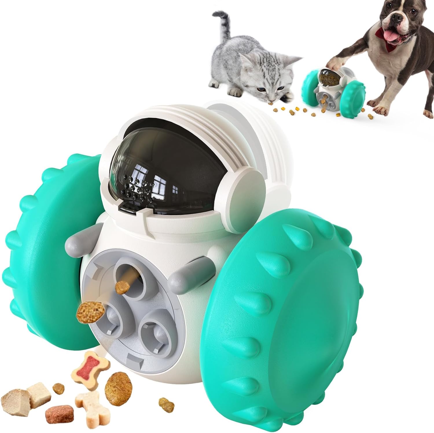 Robot de Juguete con dispensador de aperitivos para perros y Gatos, Máquina Interactiva para golosinas, dispensador de aperitivos para mascotas y almacenamiento de golosinas (Turquesa)