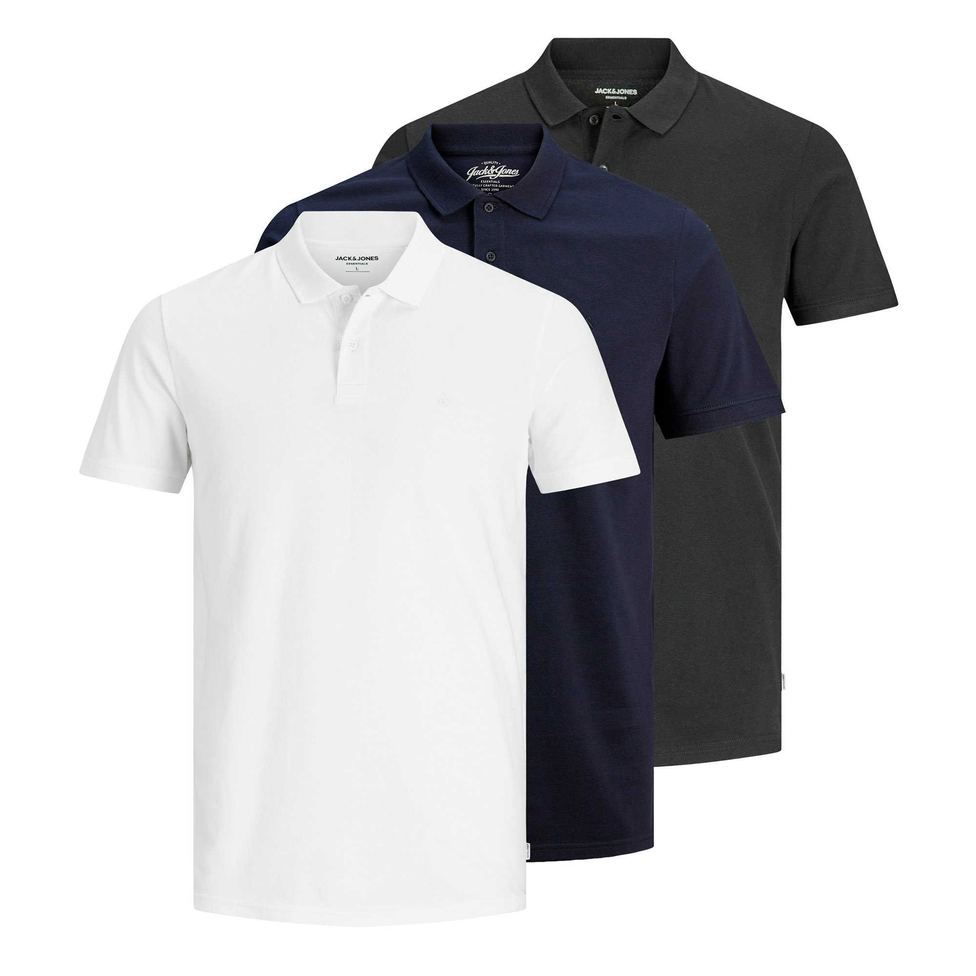 JACK&JONES Polos hombre, lote de 3 - JJEBASIC POLO 3PK, manga corta, monocolor, algodón JJEBASIC POLO 3PK