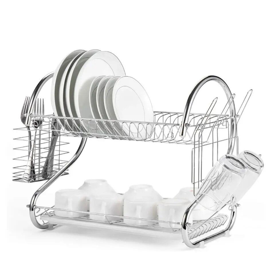 Escurridor de platos de 2 niveles, estantería de platos, organizador de metal, soporte de almacenamiento para Cocina, cesta chapada