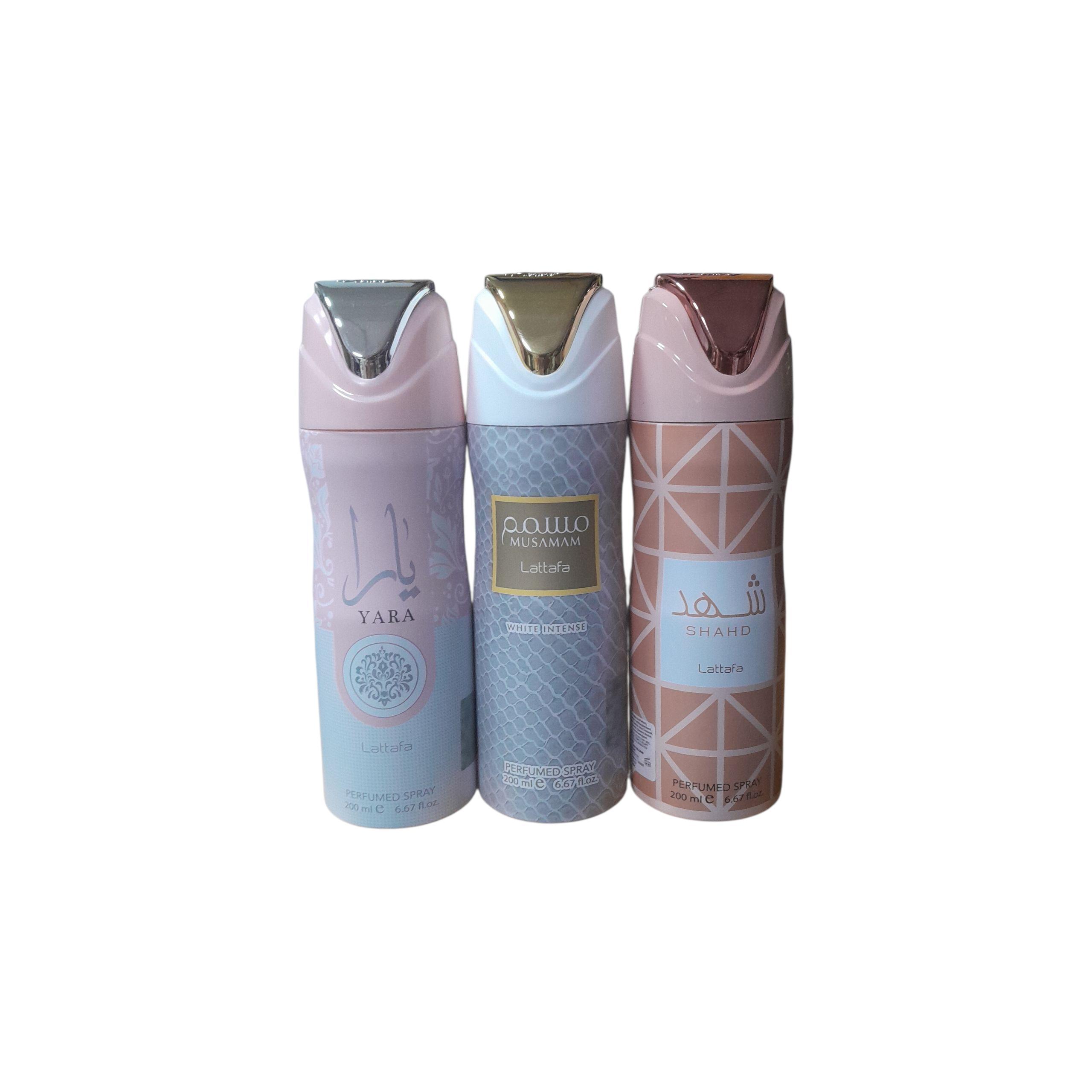 PACK 3 UNIADES - DESODORANTES PARA MUJER - SHAHD 200 ML,MUSAMAM WHITE INTENSE , YARA ROSA 200 ML - LATTAFA  SET 3 UNI
