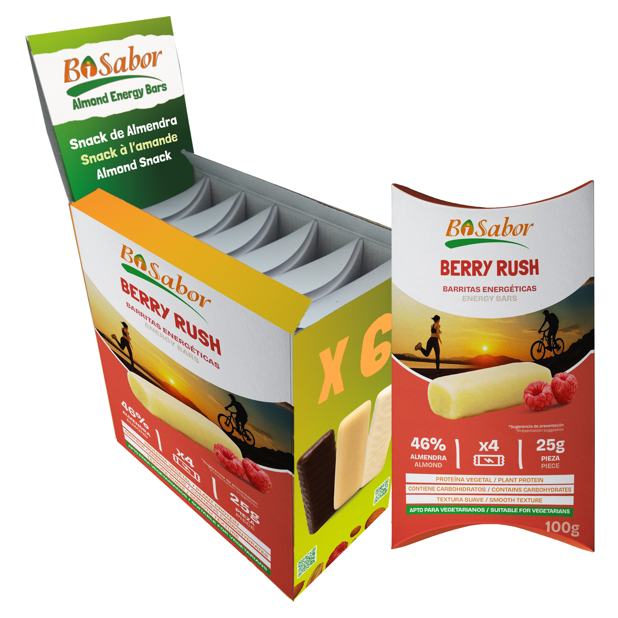 Barritas Berry Rush de Almendra con Relleno de Frambuesa | Pack Ahorro 24 Barritas (6 Estuches) | BISABOR