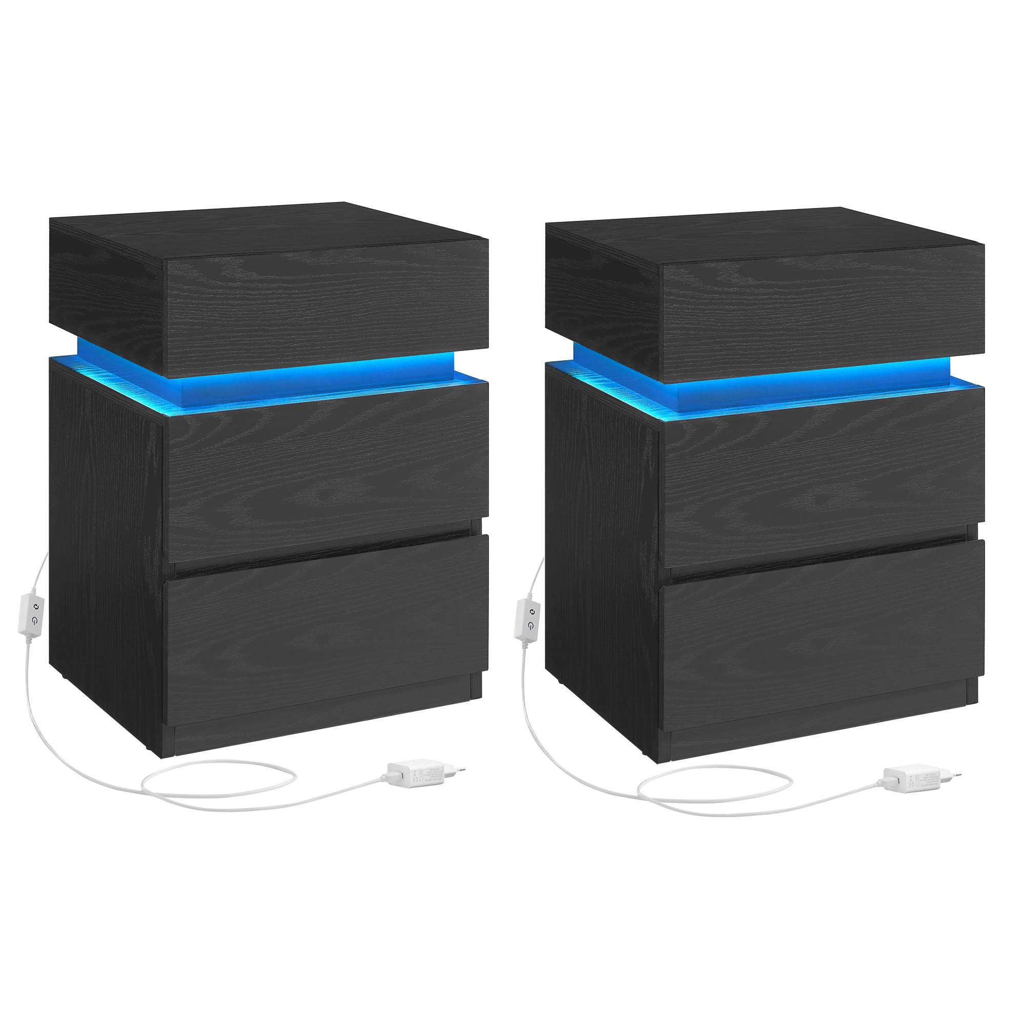 VASAGLE Kailyn Colección - Juego de 2, Mesita de Noche con Tira de Luz LED Multicolor Variable, 3 Cajones, Mesa Auxiliar, Estilo Moderno, 35 x 40 x 55 cm, Negro Ébano/Blanco Nube