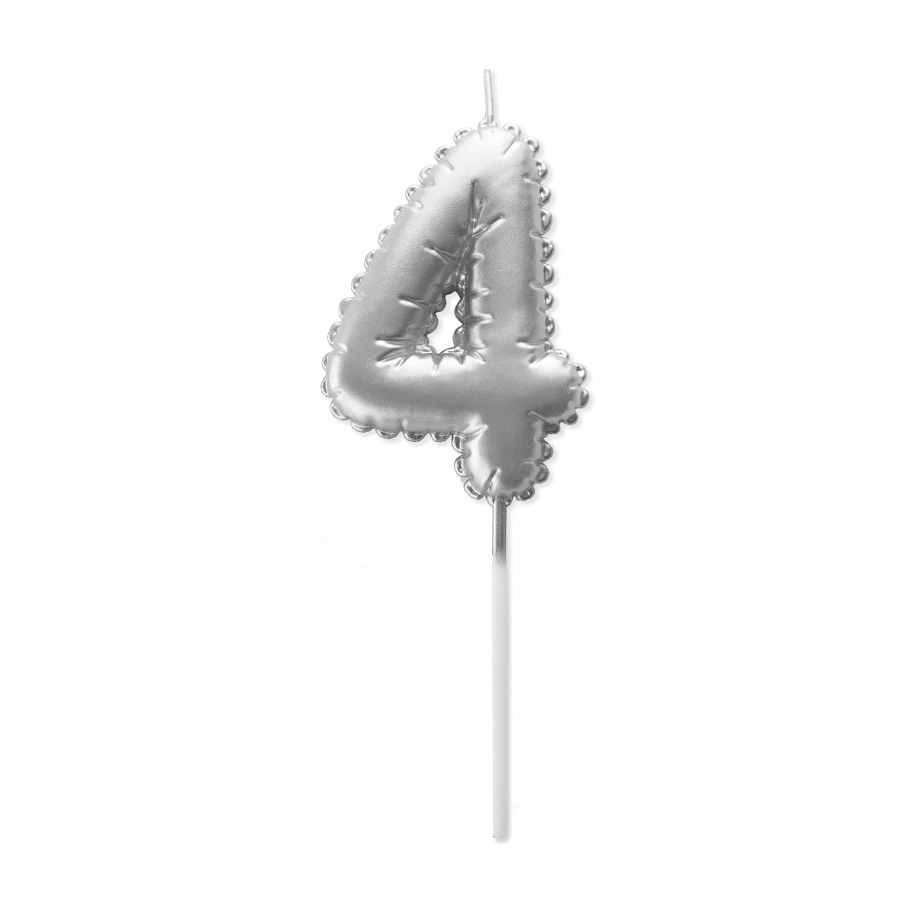 Vela de Cumpleaños Globo Plateada - Número 4 | Cera de Parafina Metálica