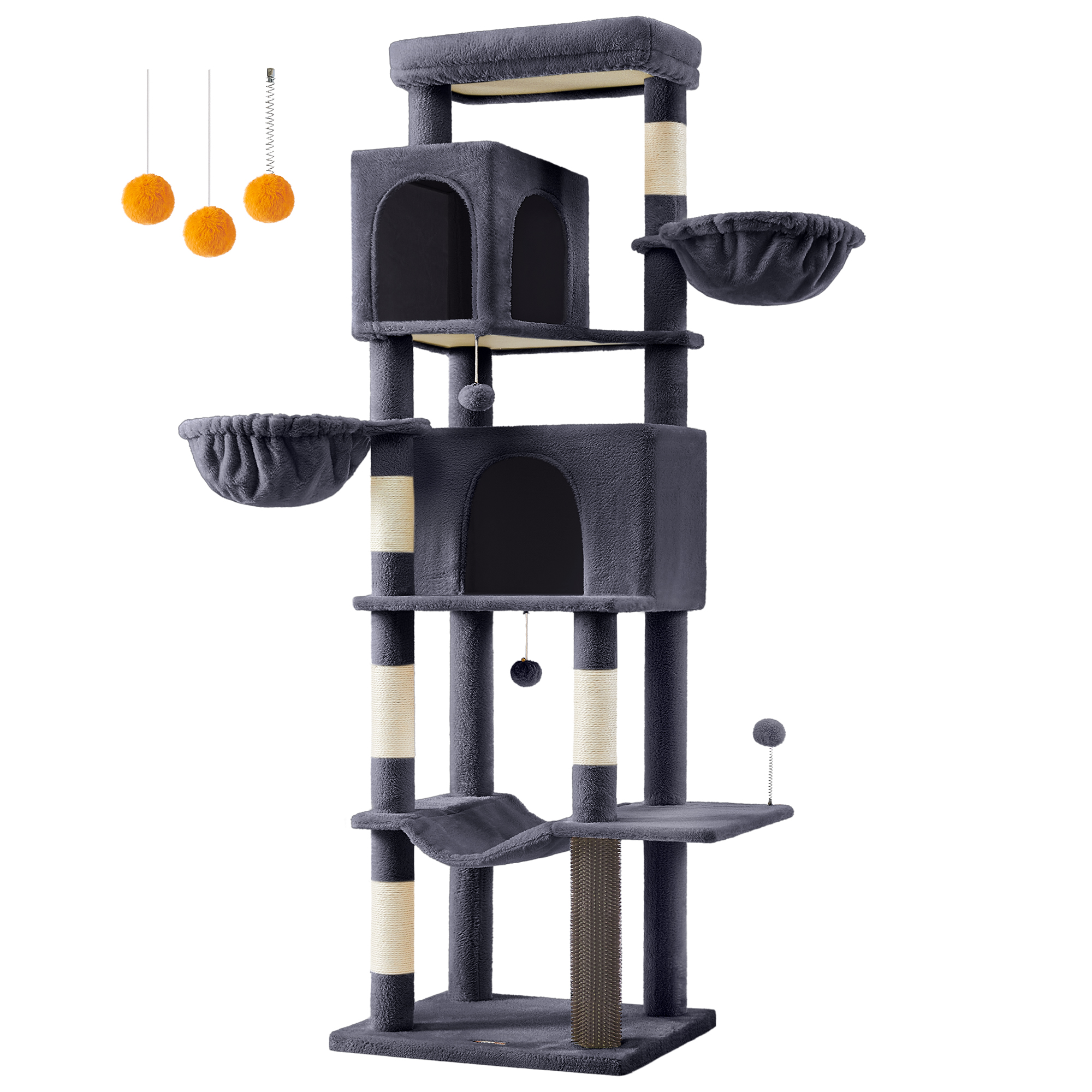 Feandrea Árbol Grande para Gatos, Torre para Arañar de 190,7 cm de Altura, Multinivel con 2 Cuevas, 2 Cestas, 5 Rascadores, Alfombra, Plataforma, Hamaca, Gris Paloma/Gris Oscuro/Beige Arena