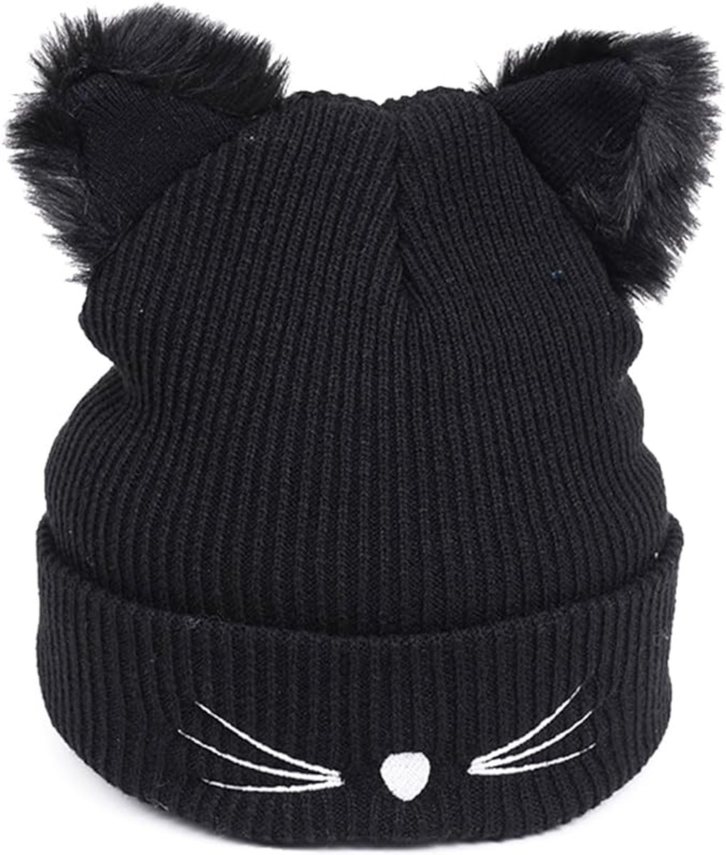 Gorro con orejas de gato - gorro de invierno de punto cálido - gorro de punto con orejas de gato - gorro de lana bordado - gorro para clima frío - adecuado para niñas y mujeres - lindo gorro cálido de otoño e invierno