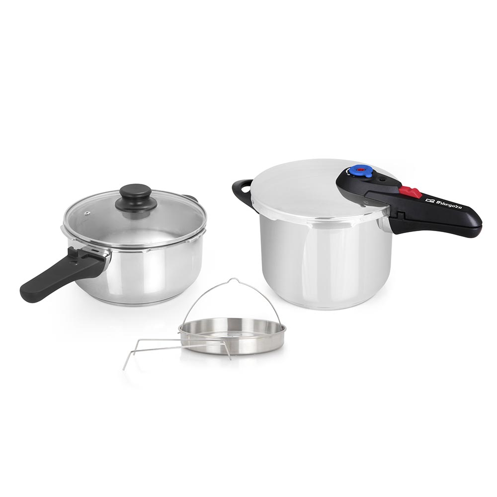 Orbegozo HP 4566 Set de Ollas a Presión de Acero Inoxidable 18/10 (4L + 6L) – Olla Rápida Ø22 cm con Tapa de Cristal y Cestillo de Vapor para Todo Tipo de Fuegos (Inducción, Gas, Vitro), 5 Sistemas de Seguridad y Selector Gradual (60-110 kPa)