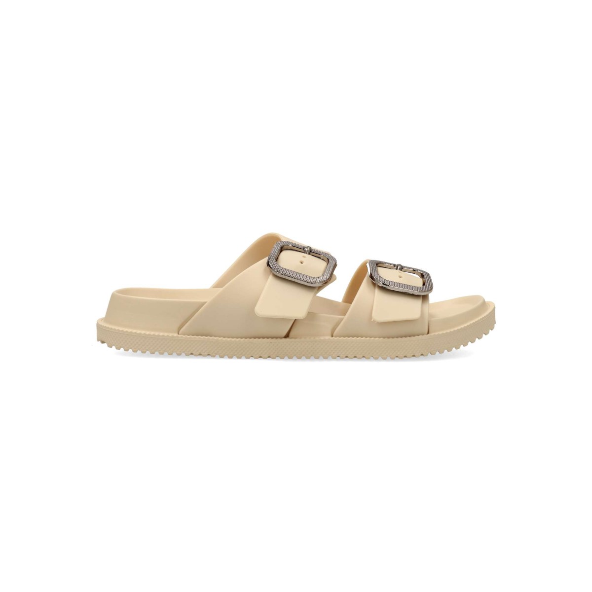 NICOBOCO - Sandalias planas para mujer con hebilla ajustable, modelo bio confort Ducle en goma beige y suela EVA, ideales para verano