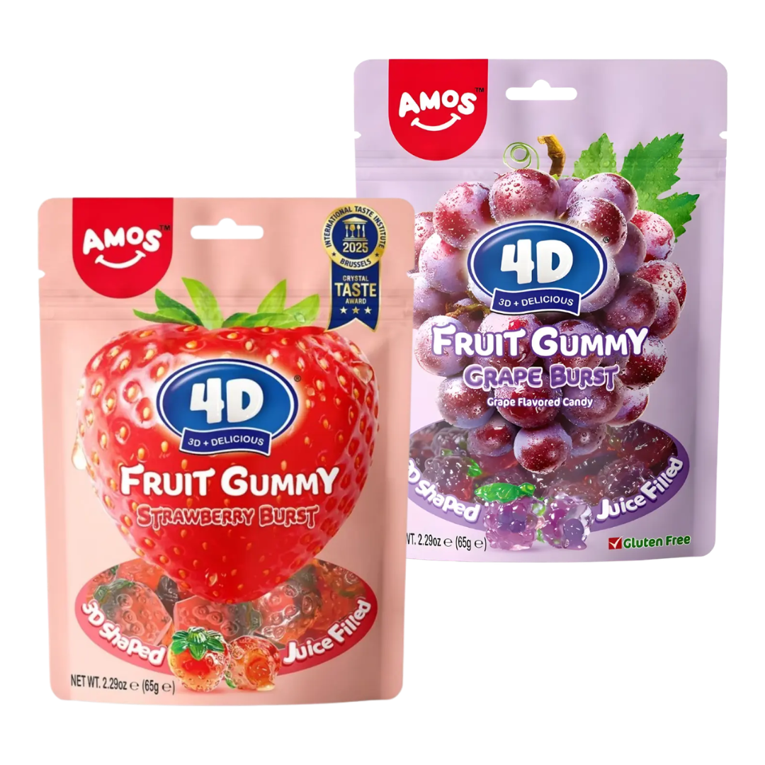 Amos 4D Fruit Gummy dúo pack, fresa y uva, 2 bolsas de 65 g
