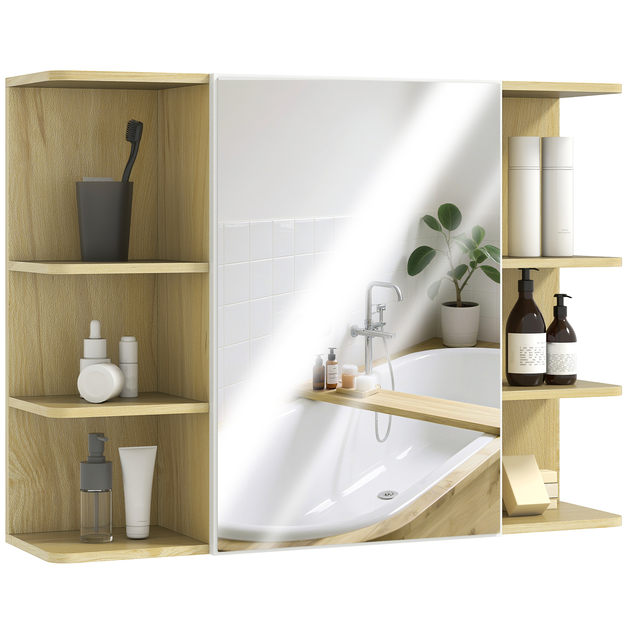 HOMCOM Armario de Baño con Espejo Armario de Pared Mueble de Baño Colgar con Puerta Estantes Abiertos 80x20x59 cm Natural