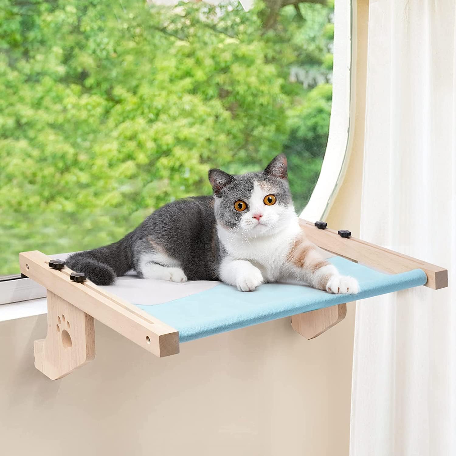 Asiento de Ventana para Gatos, Hamaca de Cama para Gatos with Estructura de Madera, Poste de Asiento Ajustable para Ventanas de Gato. Silla mohadilla extrable y lavable que soporta hasta 40 Libras