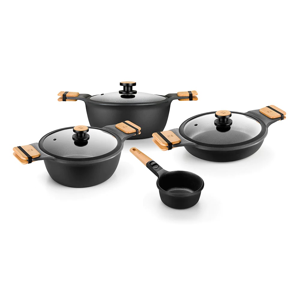 Bra - Batería de Cocina Market, 4 Piezas, Cacerola Baja, Dos Cacerolas Altas y Cazo. Incluye Asas de Madera y Tapaderas. Aluminio Fundido